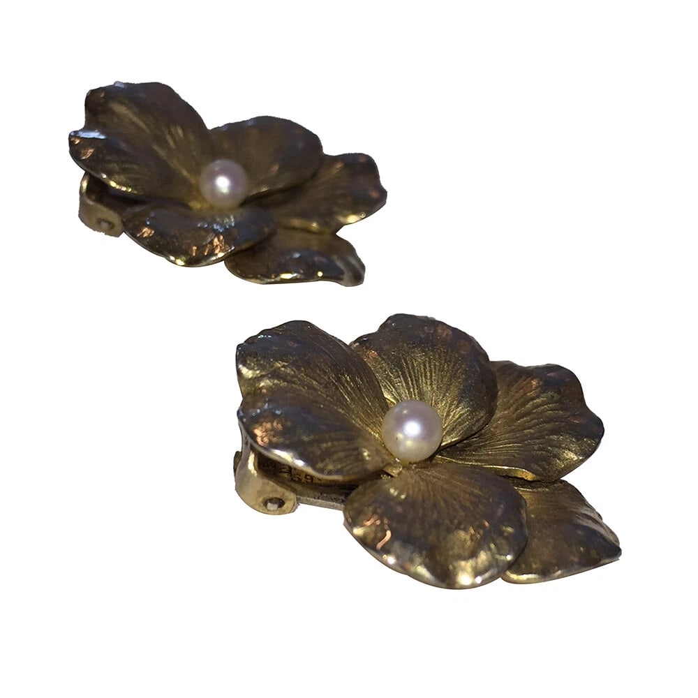14 kt Gold Vermeil Sterling Flower Earrings with Cultured Pearls - 3
