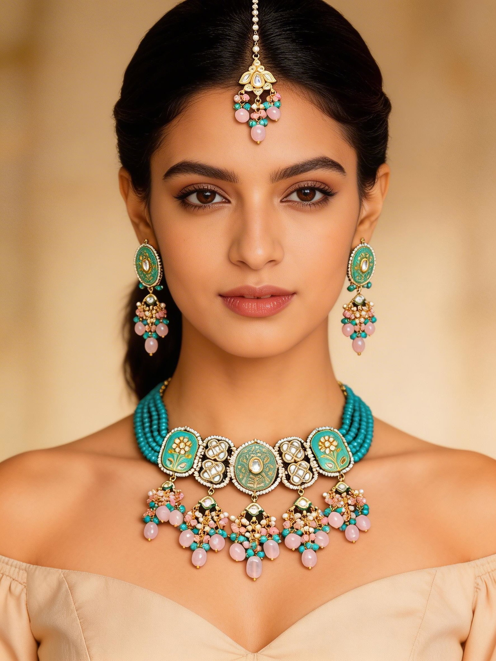 Meenakari Style Kundan Necklace Set with Multi-Strand Beads and Pastel Drops: Title:Meenakari Style Kundan Necklace Set with Multi-Strand Beads and Pastel Drops Reference:itemcode : JA0398 Reserve: $76.00 Shipping: Domestic: Shipping rates are determined by destination