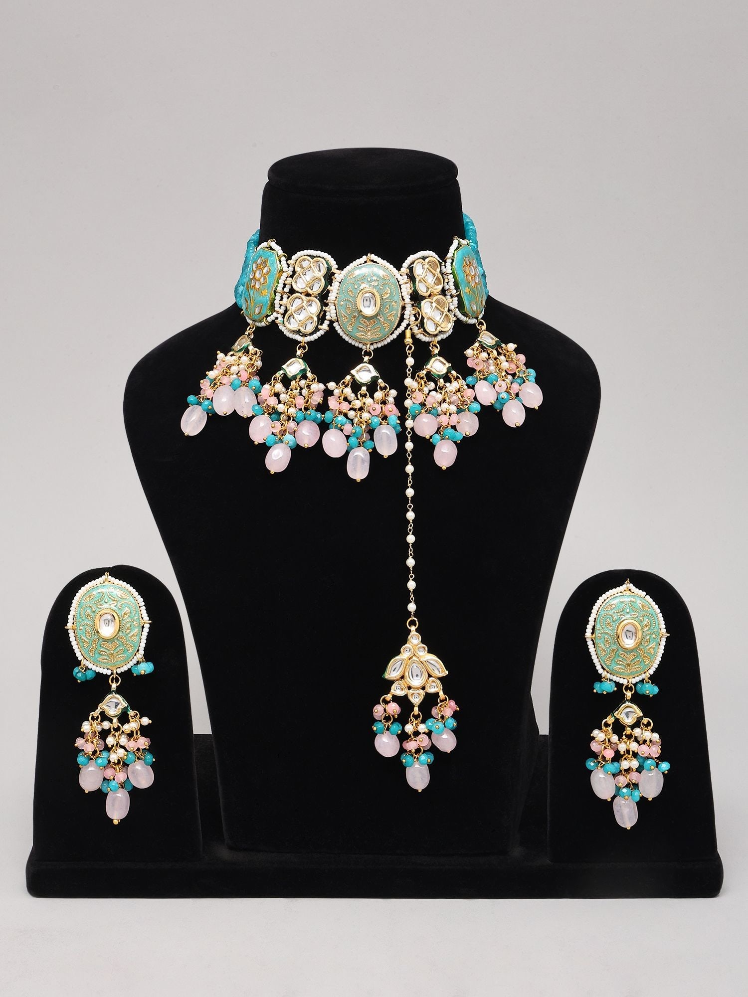 Meenakari Style Kundan Necklace Set with Multi-Strand Beads and Pastel Drops - 2