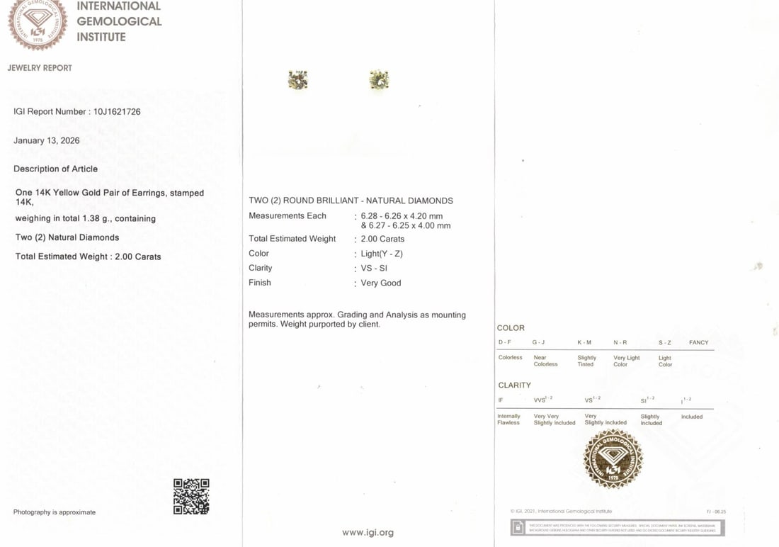 2.00cttw Natural Diamond Earrings 14K Yellow Gold 1.38 gr - 7
