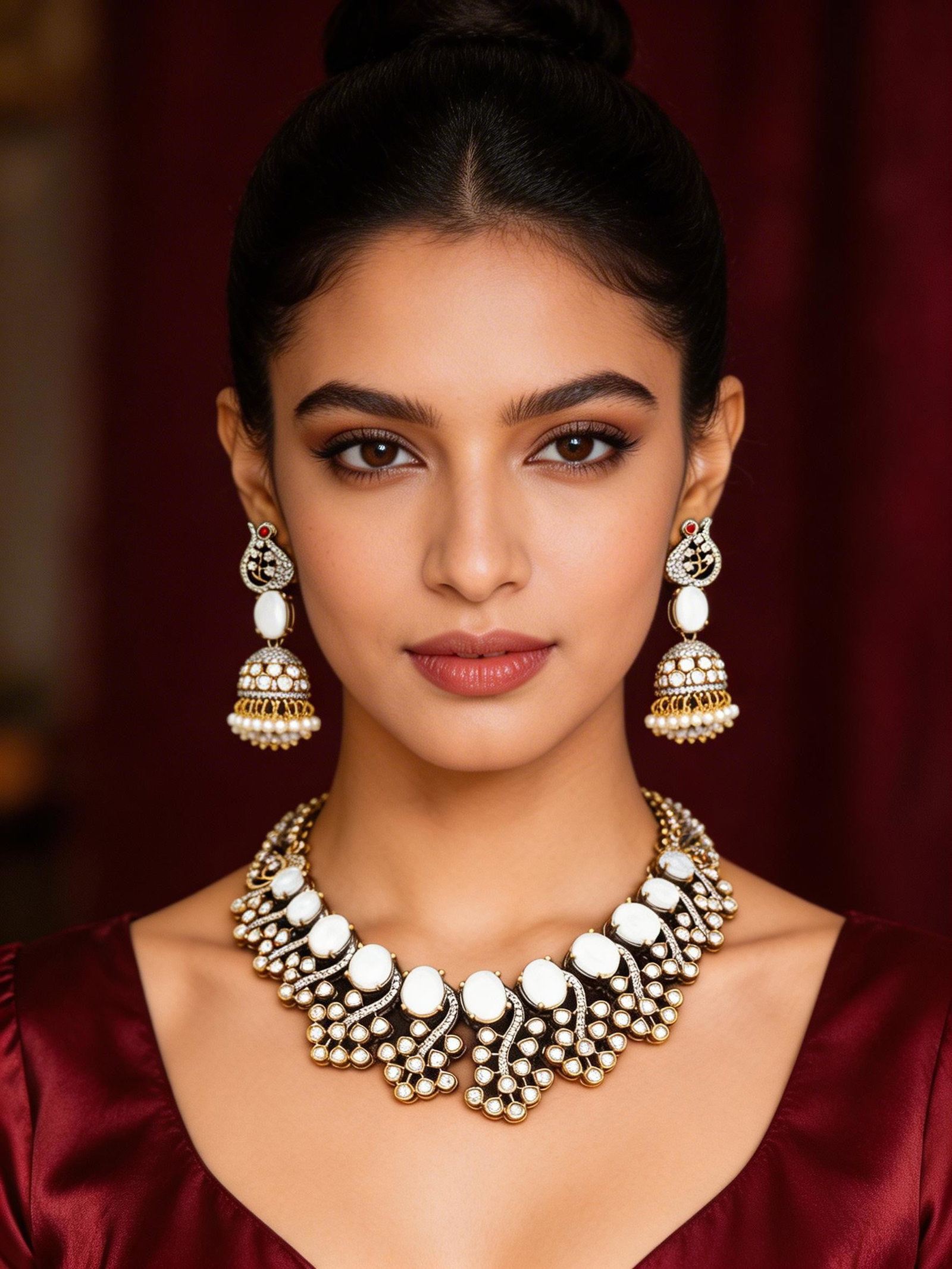 Peacock Design White Stone Studded Kundan Necklace Set with Jhumka Earrings: Title:Peacock Design White Stone Studded Kundan Necklace Set with Jhumka Earrings Reference:itemcode : JA0435 Reserve: $130.00 Shipping: Domestic: Shipping rates are determined by destination