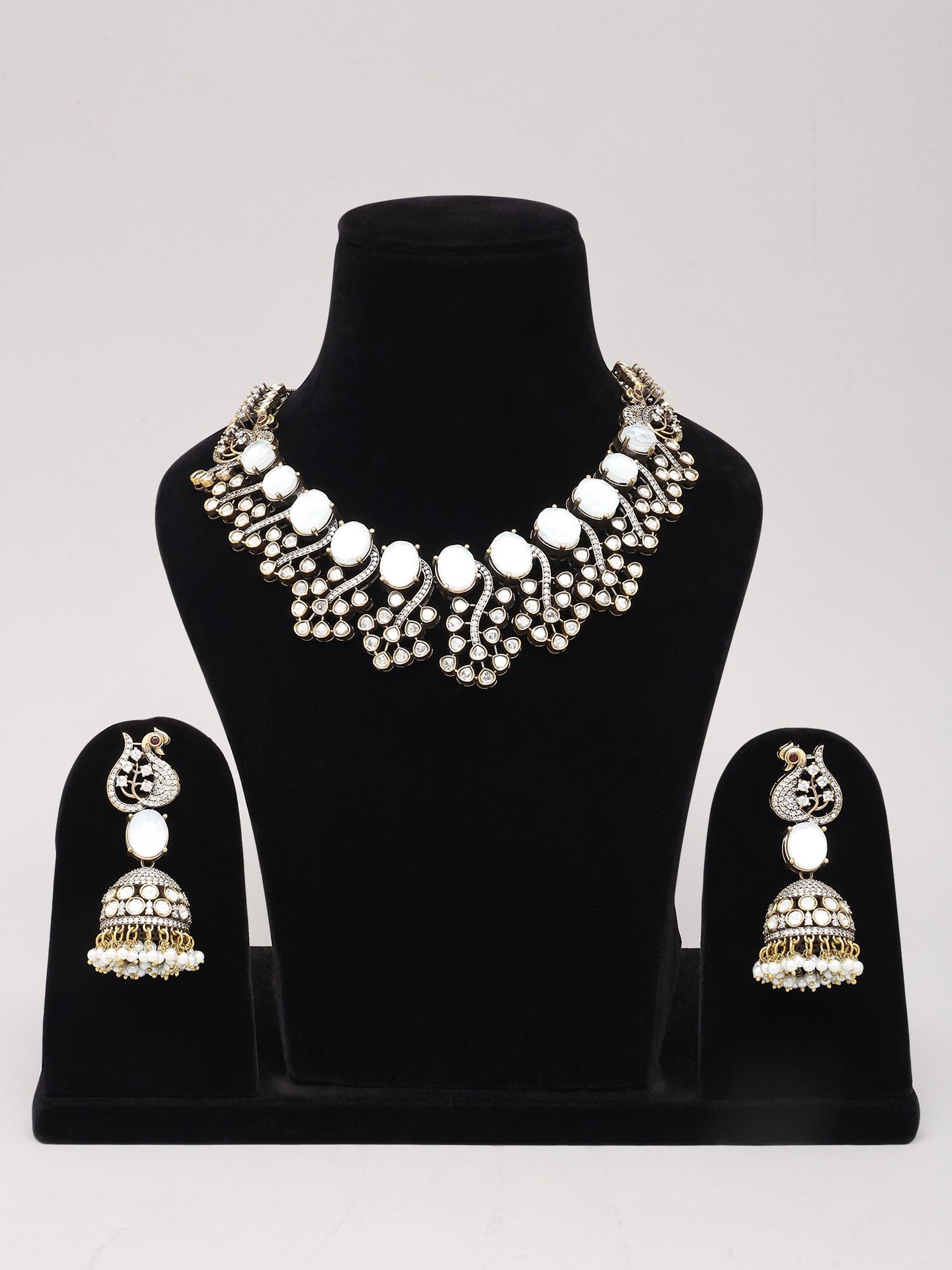 Peacock Design White Stone Studded Kundan Necklace Set with Jhumka Earrings - 2
