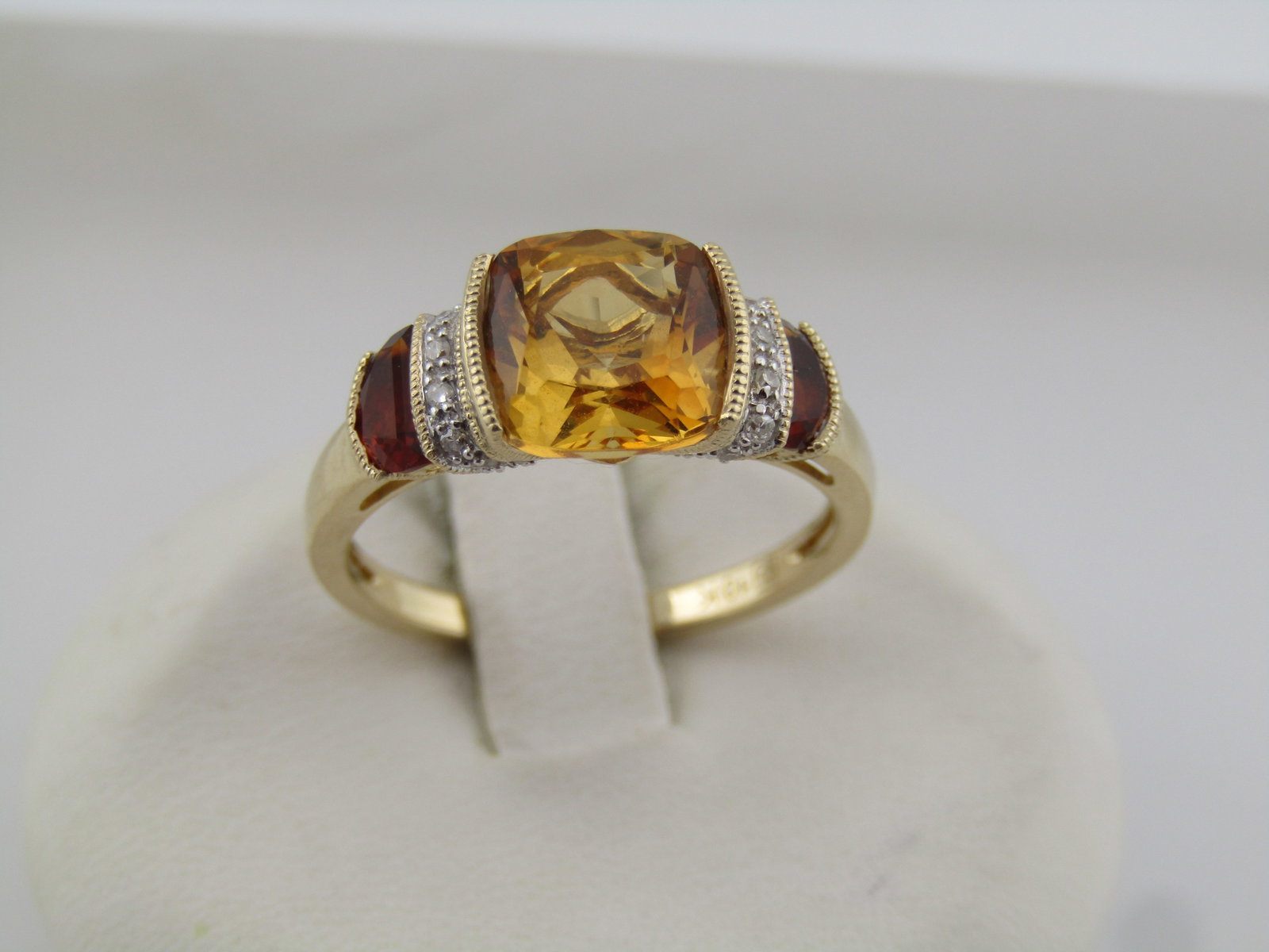 10kt Citine/Garnet/Diamond Ring, Sz. 7, 1990's, Signed: Title:10kt Citine/Garnet/Diamond Ring, Sz. 7, 1990's, Signed Description:10kt Citine/Garnet/Diamond Ring, Sz. 7, 1990's, Signed with an unknown maker's mark. The main stone is a cushion cut square