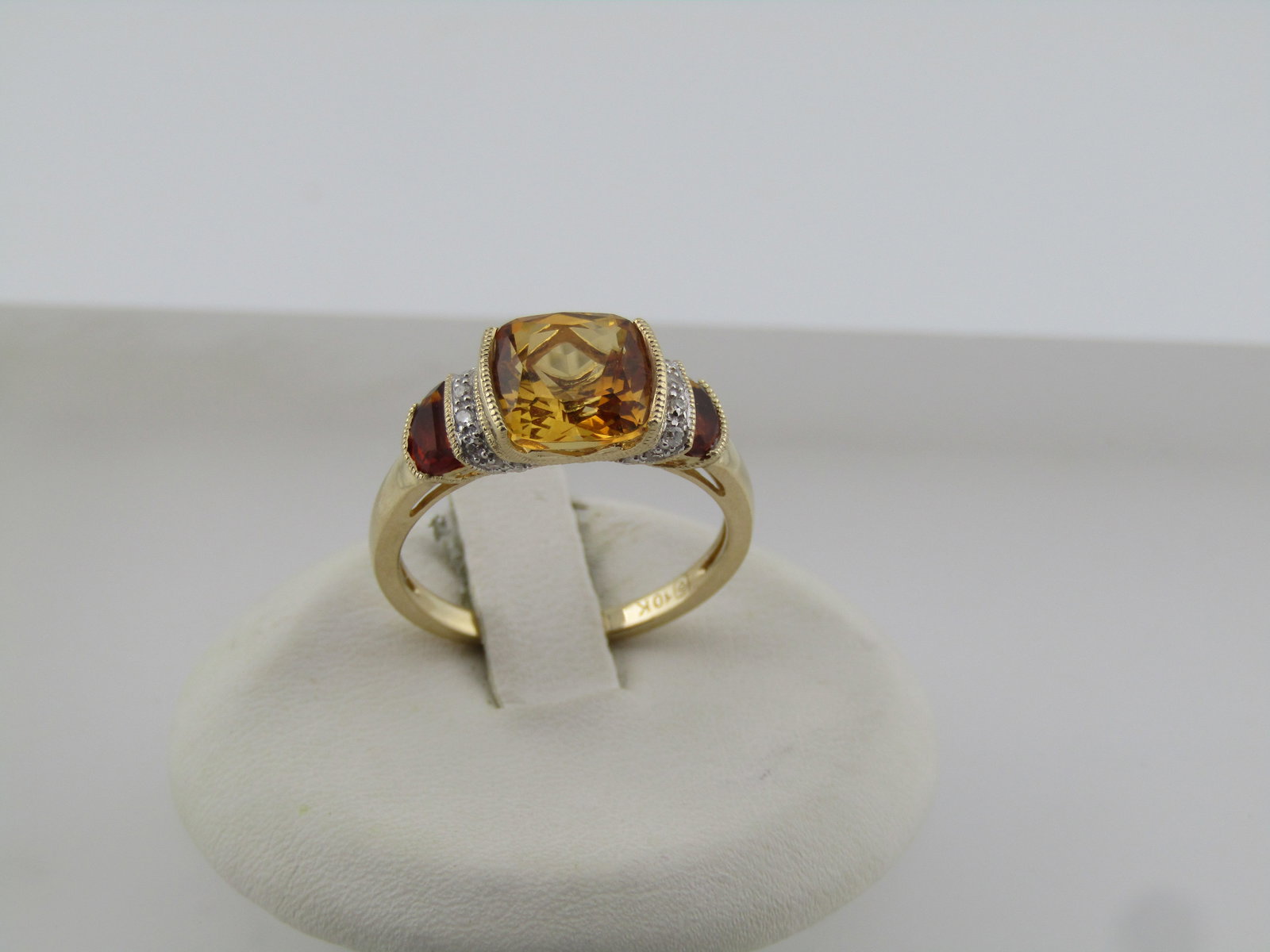 10kt Citine/Garnet/Diamond Ring, Sz. 7, 1990's, Signed - 2