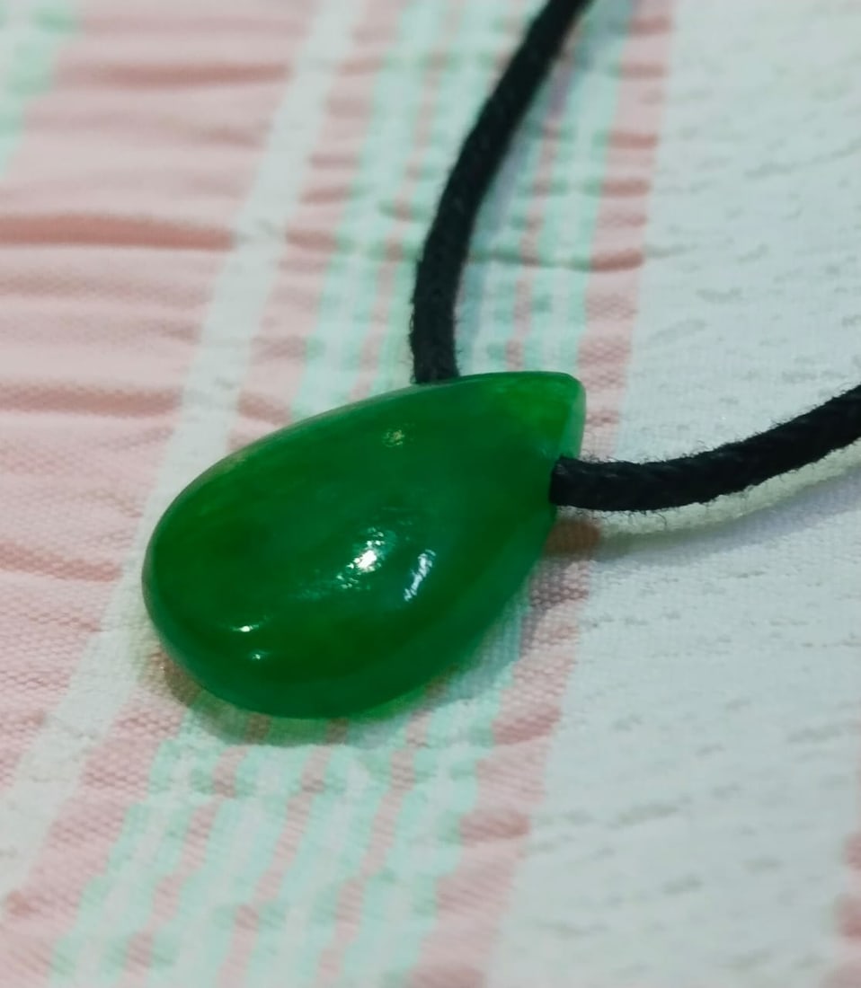 Green Jade Pear Pendant With Adjustable Black Cord - 2