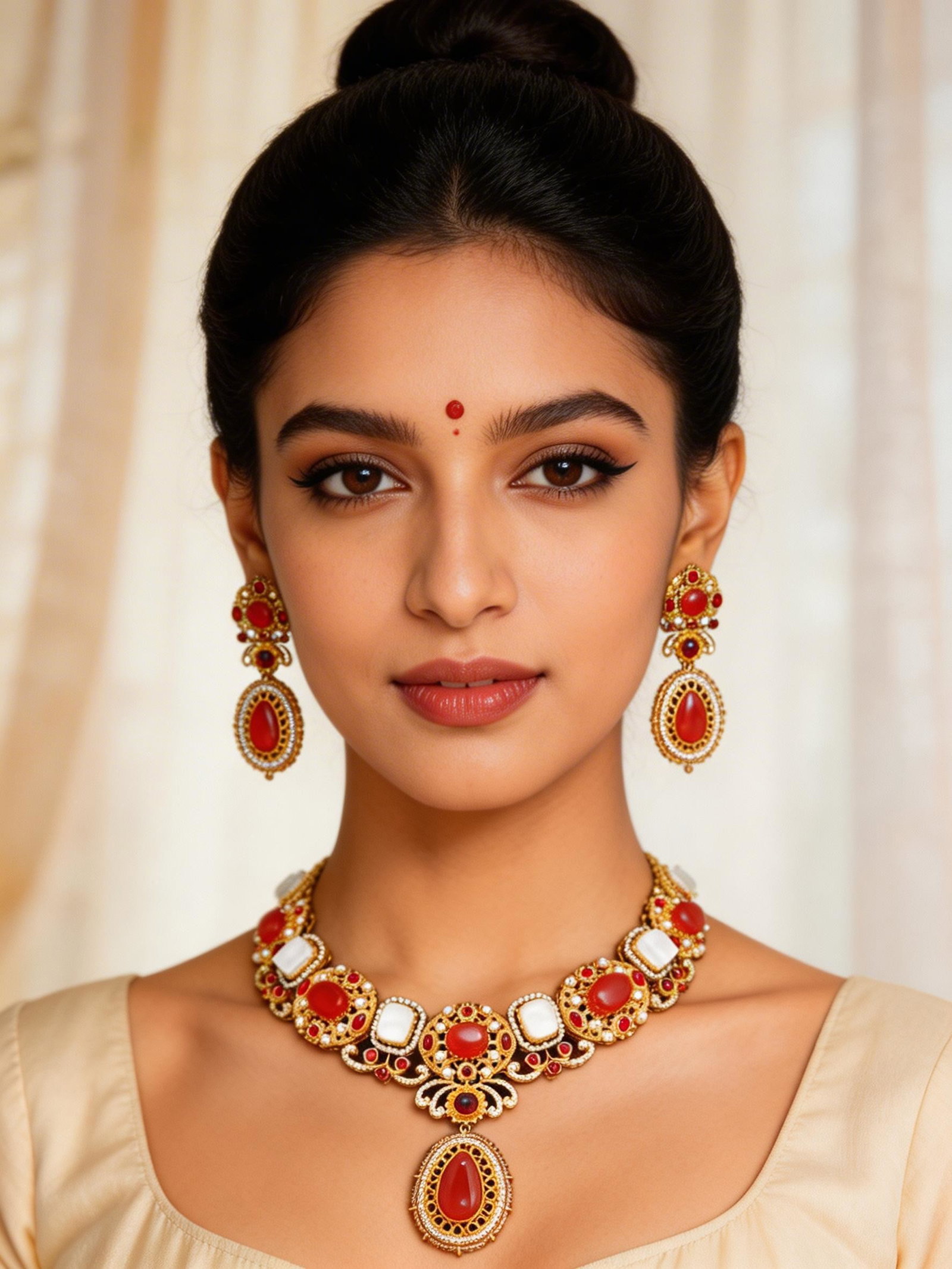 Kundan Stone Studded with Pearl Detailing Necklace and Earrings Set: Title:Kundan Stone Studded with Pearl Detailing Necklace and Earrings Set Reference:itemcode : JA0432-Red Reserve: $97.00 Shipping: Domestic: Shipping rates are determined by destination