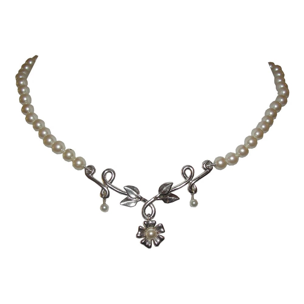 Cultured Pearl and Sterling Silver Flower Bib Necklace: Title:Cultured Pearl and Sterling Silver Flower Bib Necklace Description:Great sterling cultured white pearl necklace with dangling flower. Circa 1980's. Pearls are 6 mm's in diameter and two pearl