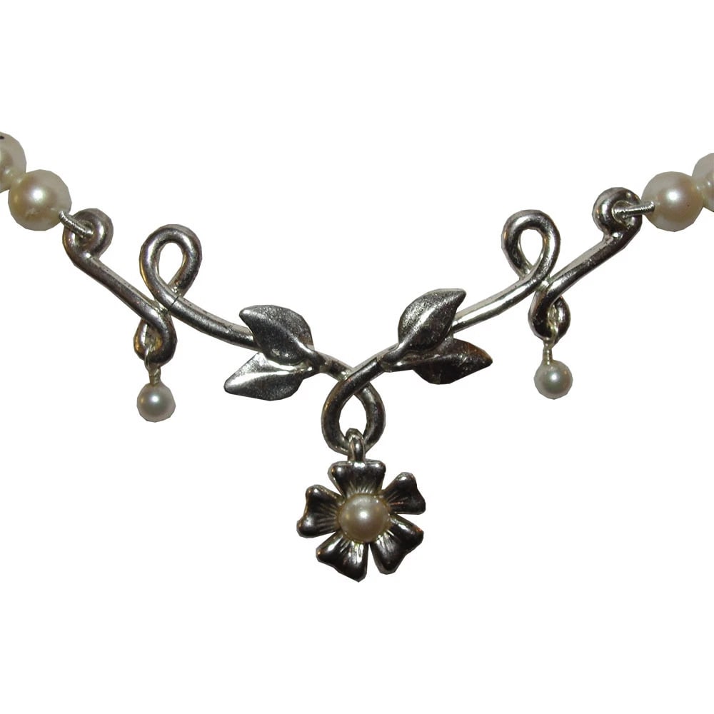 Cultured Pearl and Sterling Silver Flower Bib Necklace - 3