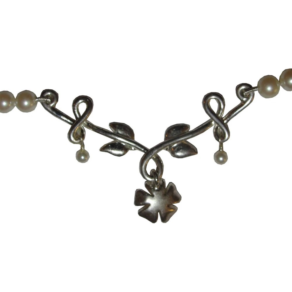 Cultured Pearl and Sterling Silver Flower Bib Necklace - 4
