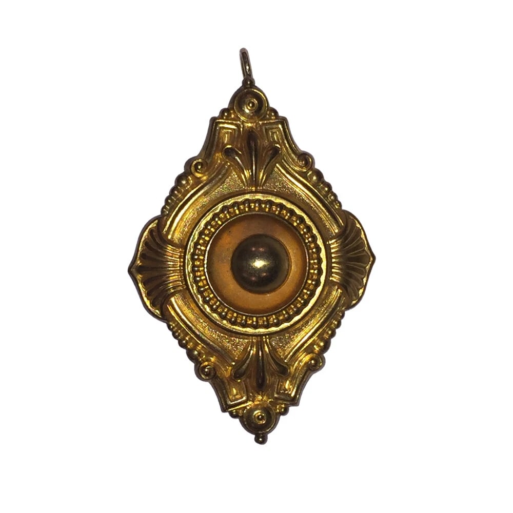 Victorian Etruscan Inspired Brass Pendant Pin Locket: Title:Victorian Etruscan Inspired Brass Pendant Pin Locket Description:Gorgeous Victorian Etruscan inspired brass pendant/ pin locket. Circa 1890's Measures 2 1/4" long by 1 1/2" wide. Cool secret hid