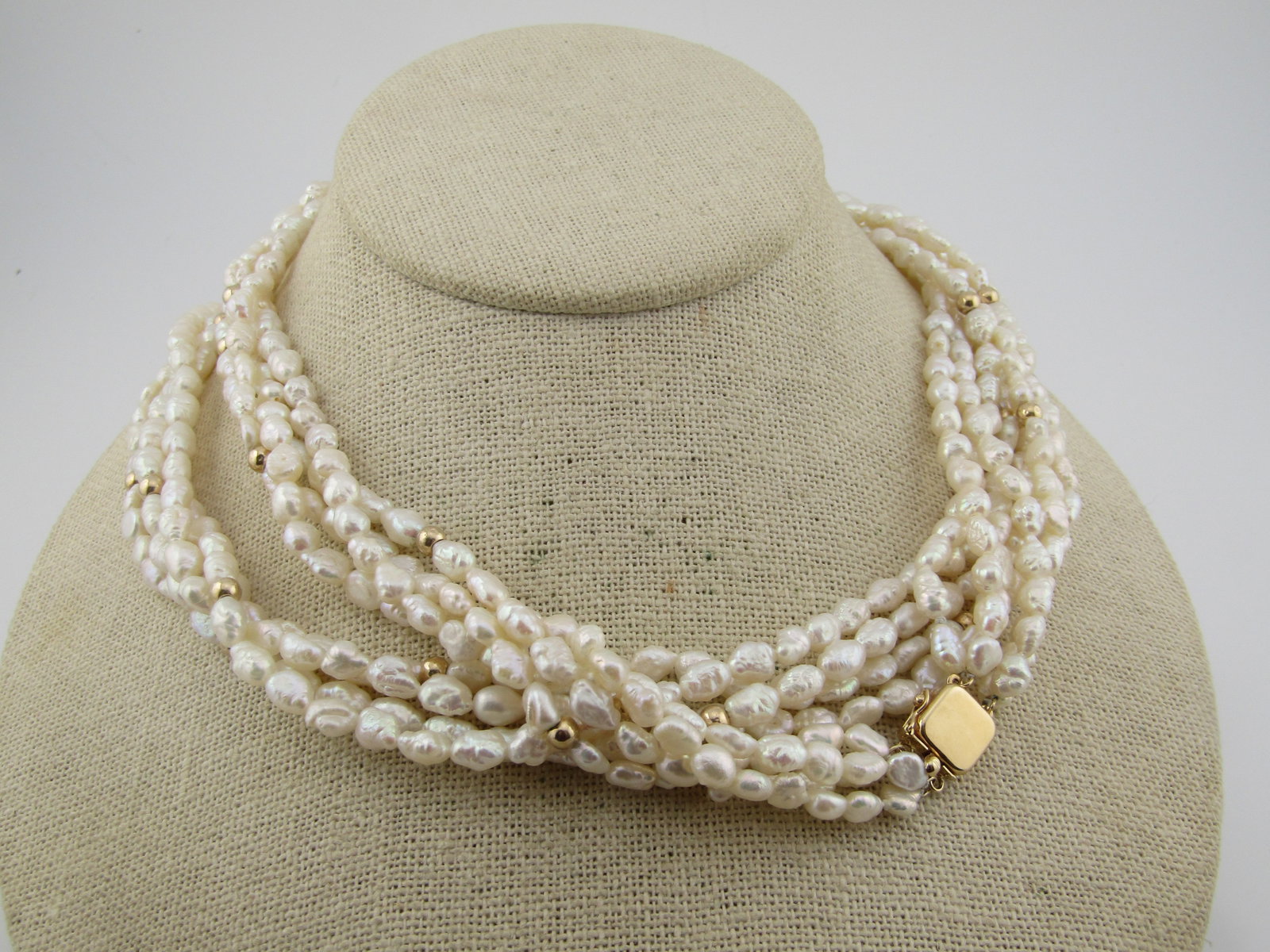 Vintage 14kt Freshwater Pearl Four Strand Necklce, 34", 14kt Beads and Box Clasp, 1980's (1 of 8)