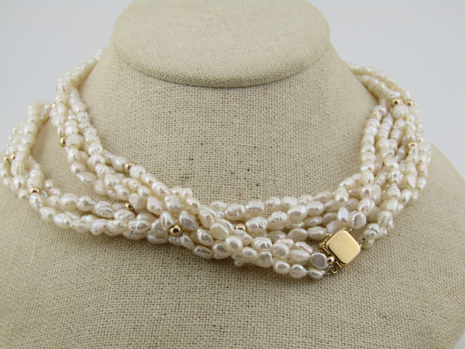 Vintage 14kt Freshwater Pearl Four Strand Necklce, 34", 14kt Beads and Box Clasp, 1980's - 2