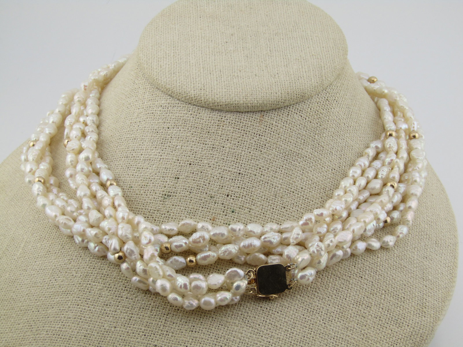 Vintage 14kt Freshwater Pearl Four Strand Necklce, 34", 14kt Beads and Box Clasp, 1980's - 3