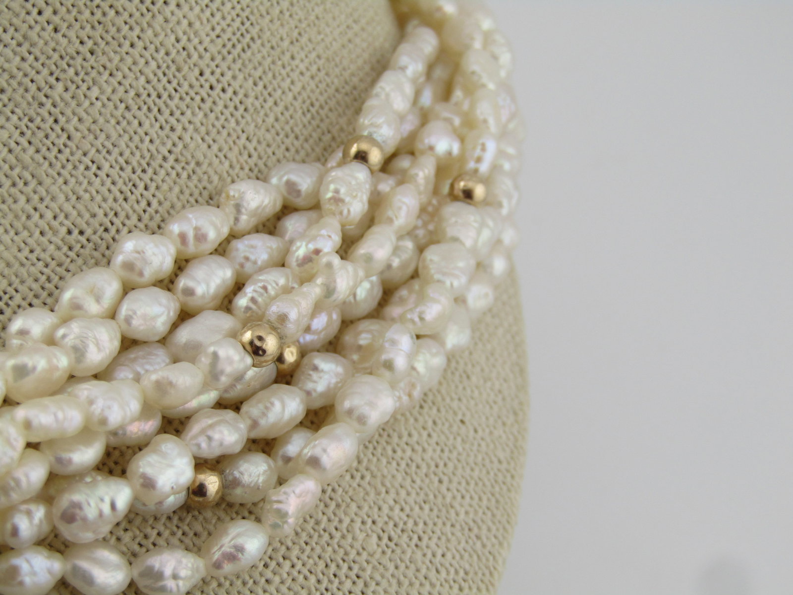 Vintage 14kt Freshwater Pearl Four Strand Necklce, 34", 14kt Beads and Box Clasp, 1980's - 4
