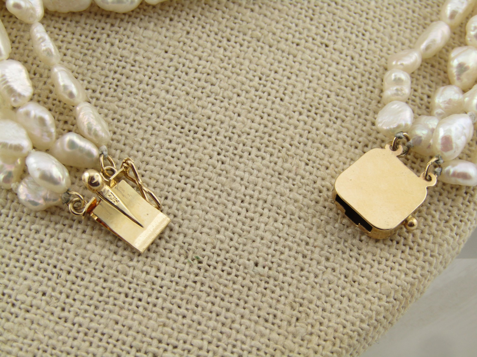 Vintage 14kt Freshwater Pearl Four Strand Necklce, 34", 14kt Beads and Box Clasp, 1980's - 5