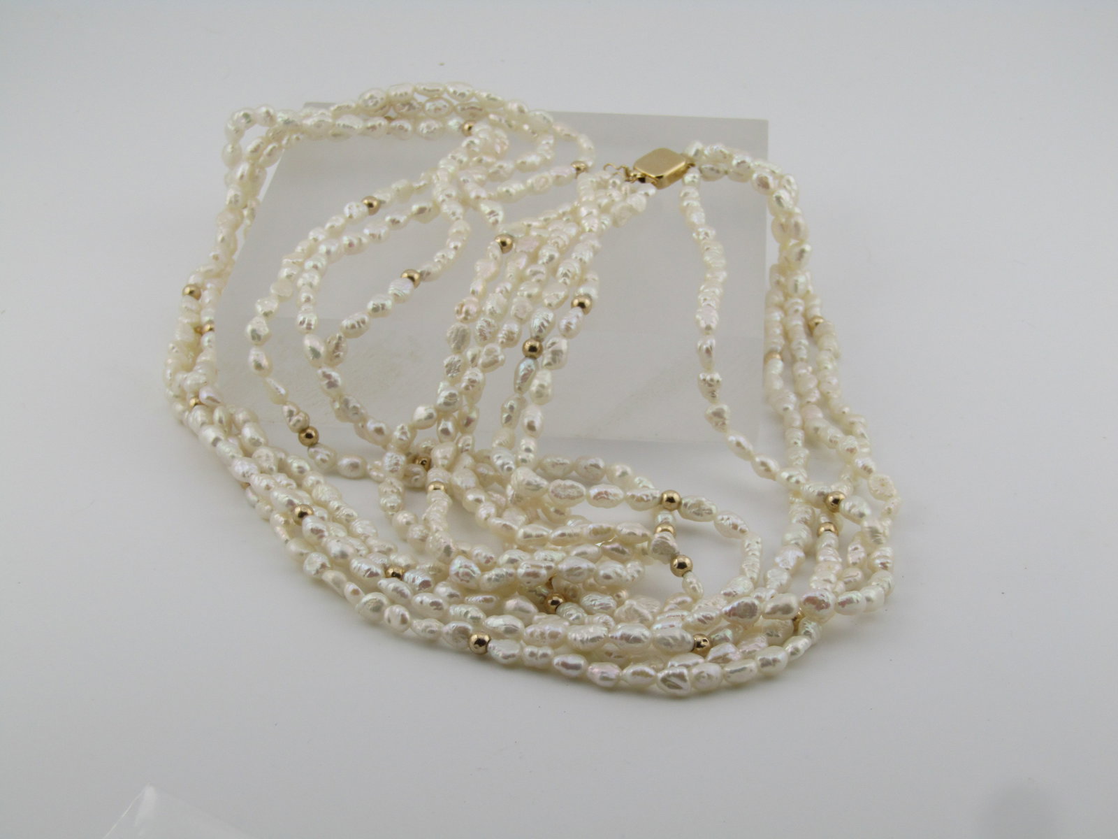 Vintage 14kt Freshwater Pearl Four Strand Necklce, 34", 14kt Beads and Box Clasp, 1980's - 7