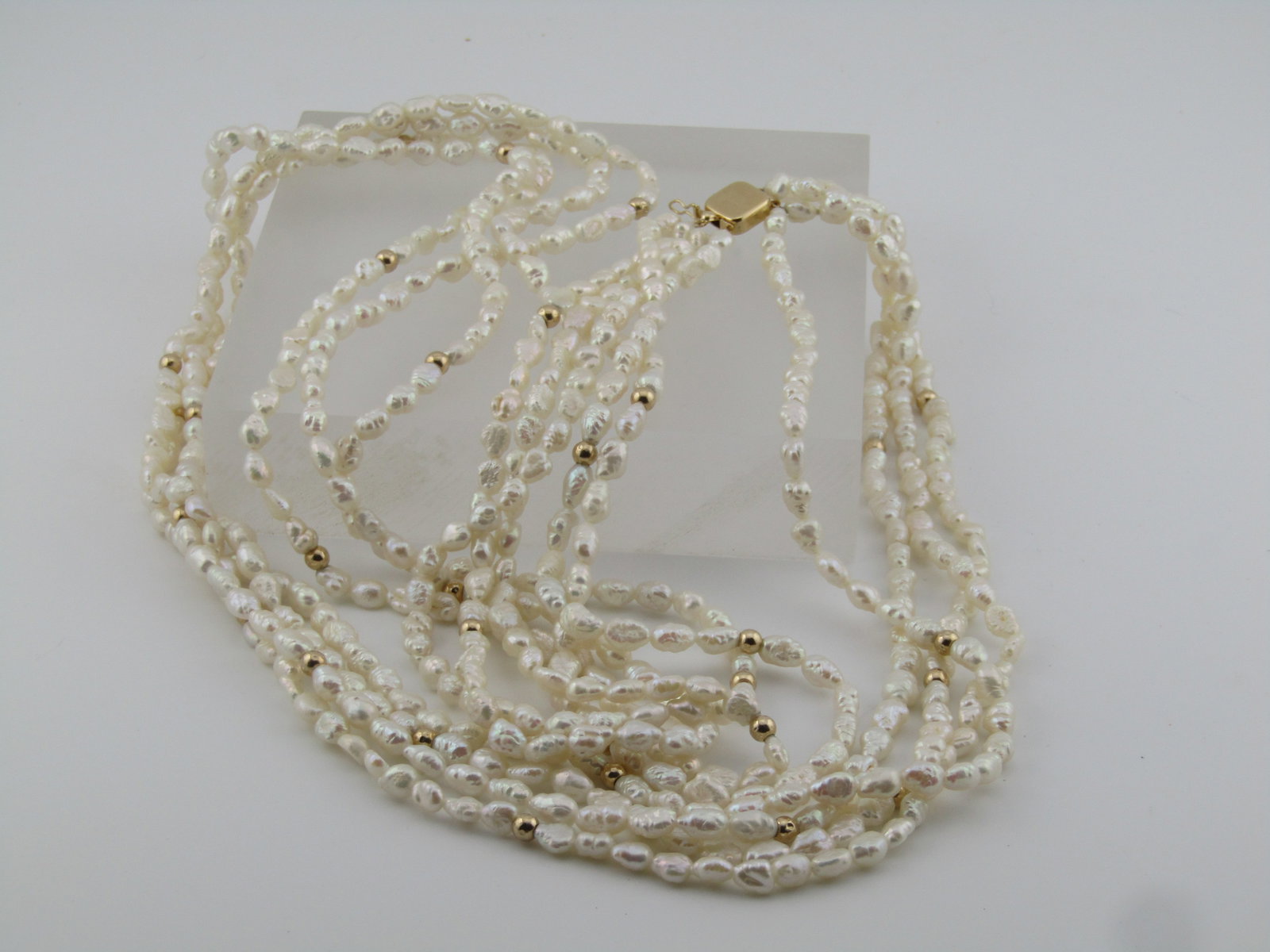 Vintage 14kt Freshwater Pearl Four Strand Necklce, 34", 14kt Beads and Box Clasp, 1980's - 8