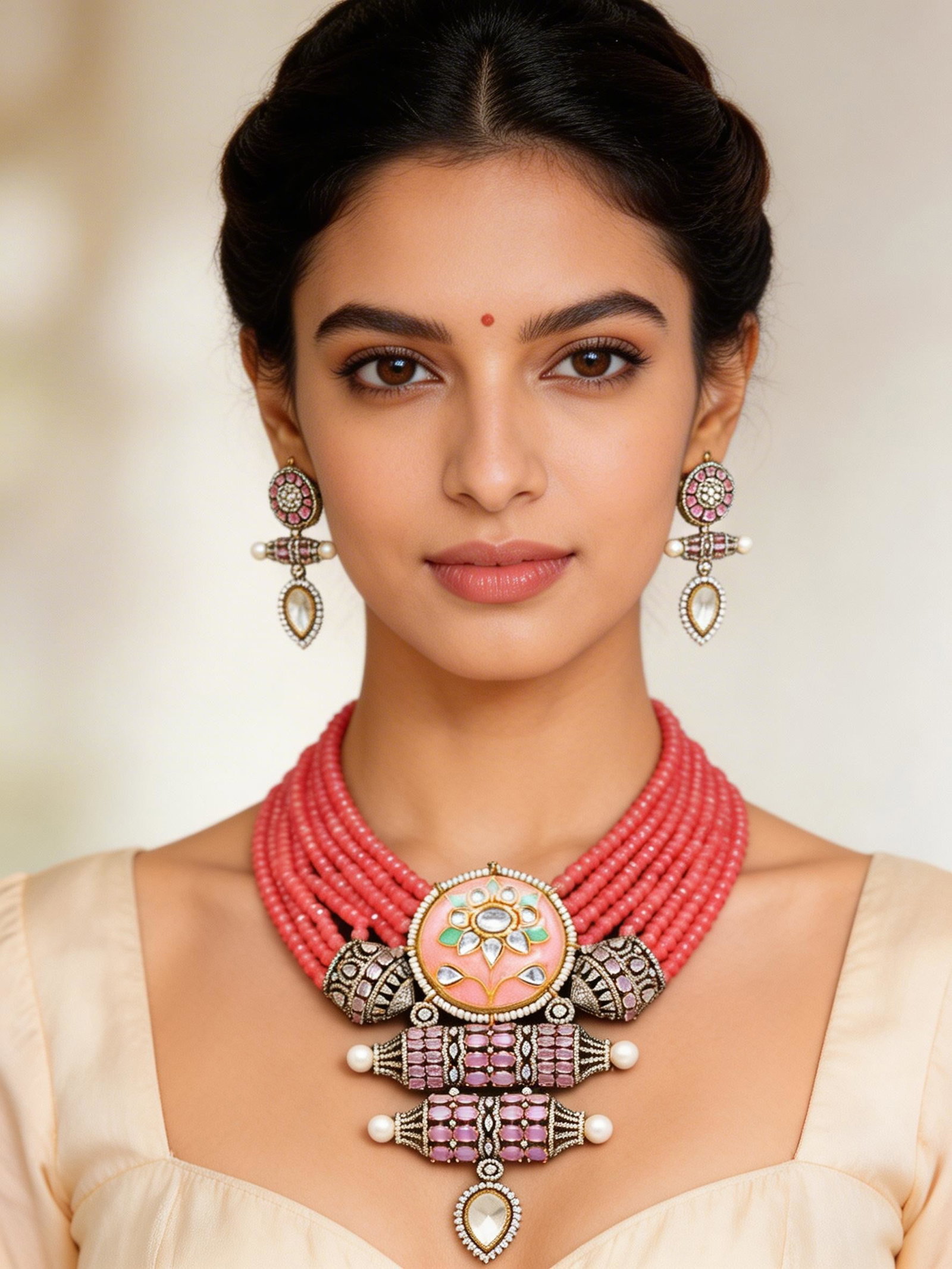 Pink Beaded Multi Strand Kundan Necklace and Earrings Set: Title:Pink Beaded Multi Strand Kundan Necklace and Earrings Set Reference:itemcode : JA0412 Reserve: $135.00 Shipping: Domestic: Shipping rates are determined by destination International: Foreign