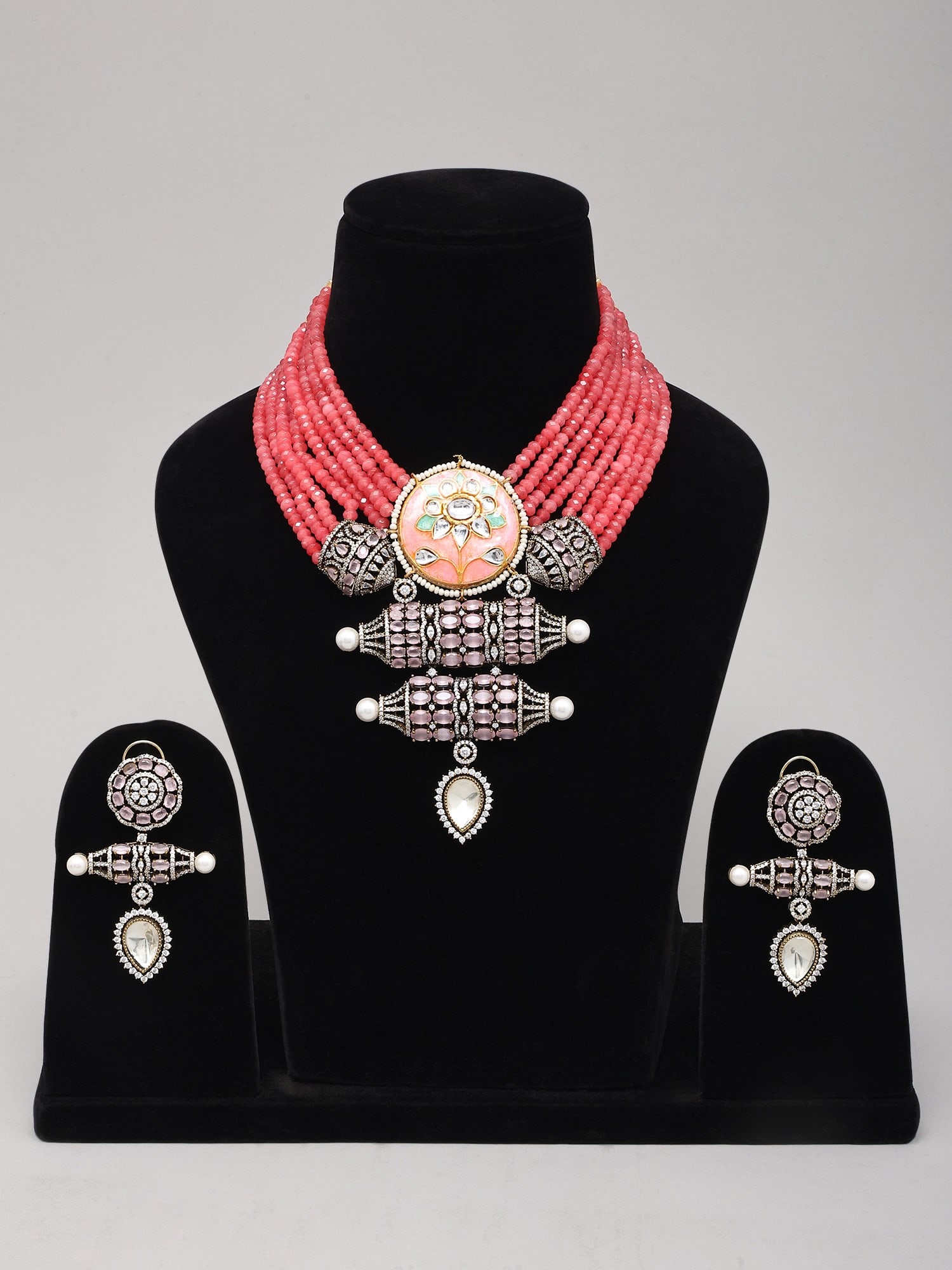 Pink Beaded Multi Strand Kundan Necklace and Earrings Set - 2