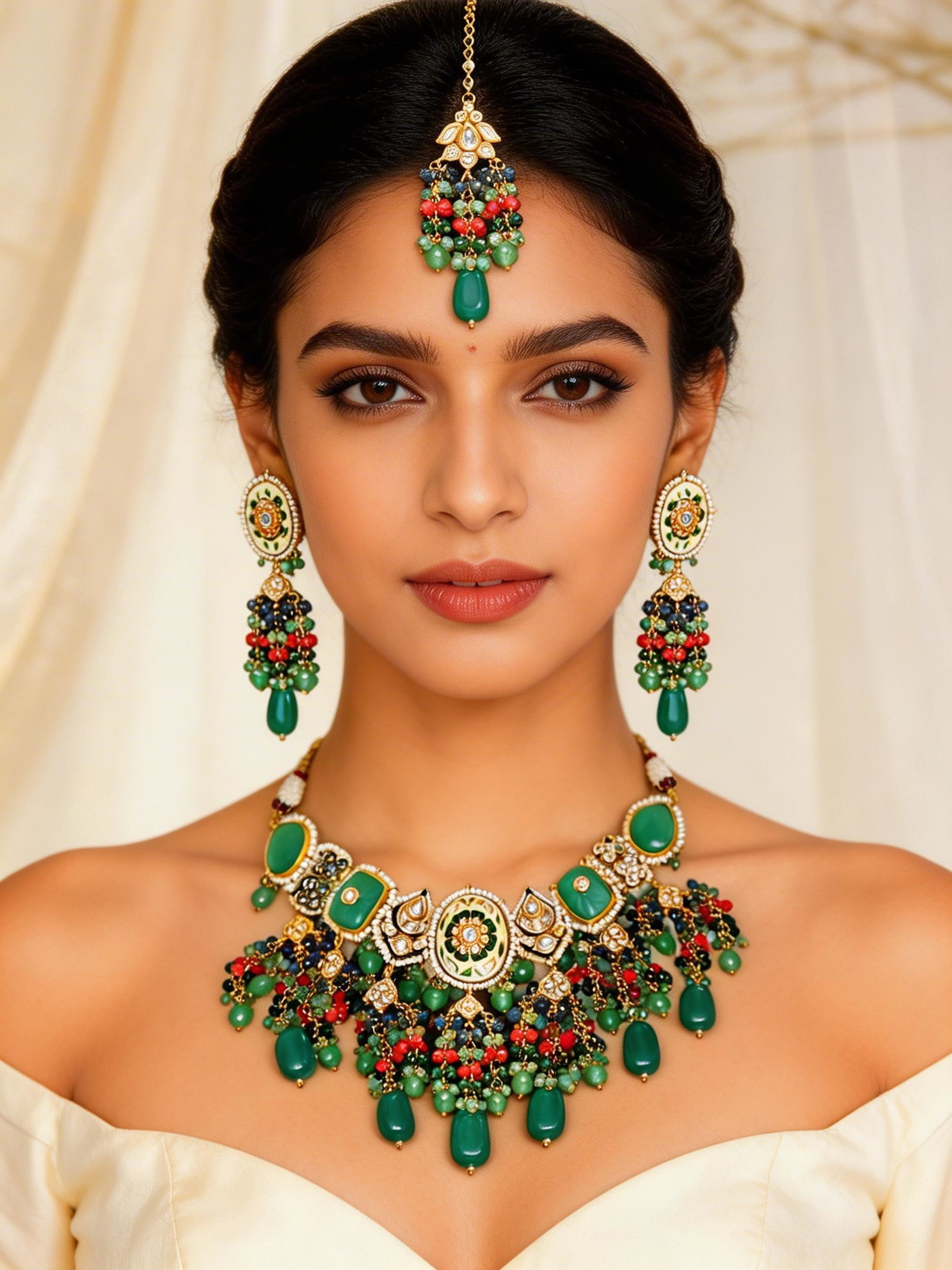 Bridal Kundan Choker Necklace Set with Green Beads Earrings and Maang Tikka: Title:Bridal Kundan Choker Necklace Set with Green Beads Earrings and Maang Tikka Reference:itemcode : JA0425 Reserve: $151.00 Shipping: Domestic: Shipping rates are determined by destination