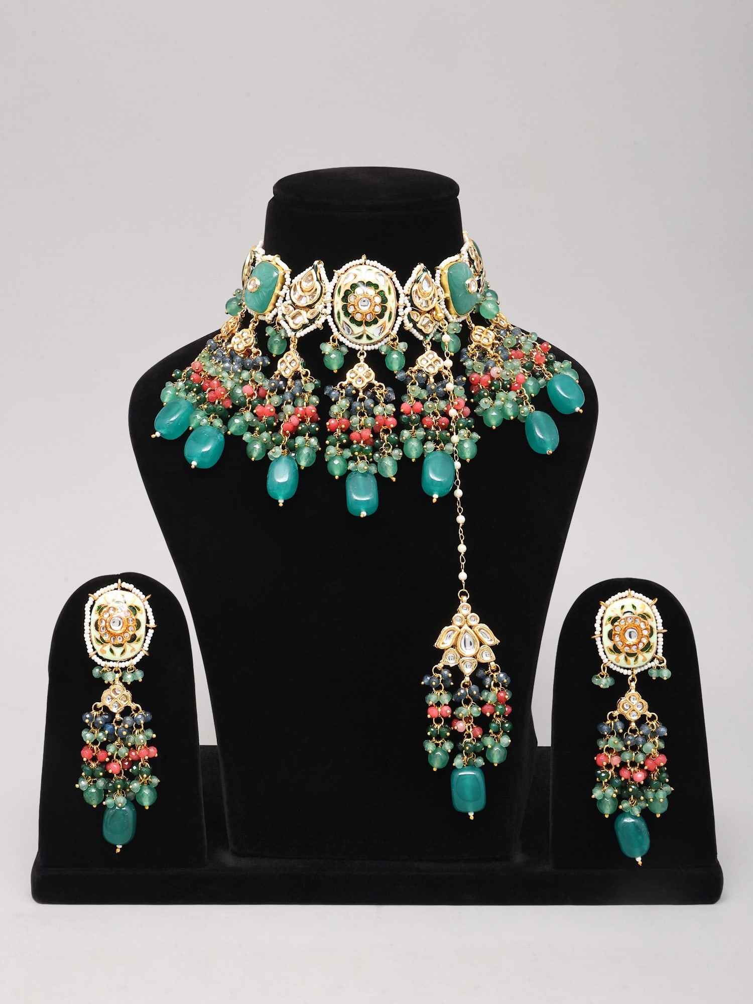 Bridal Kundan Choker Necklace Set with Green Beads Earrings and Maang Tikka - 2
