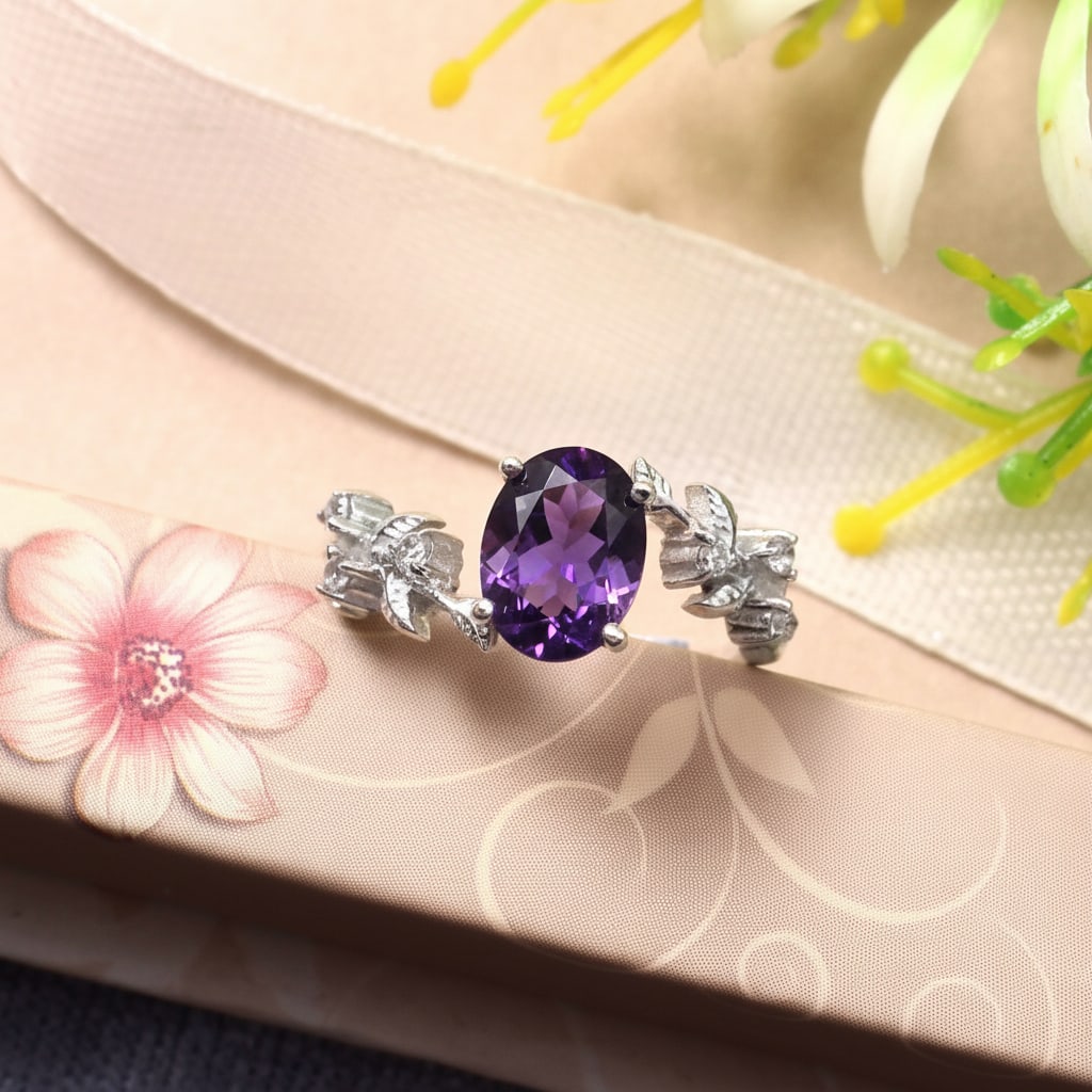 1.2 Carat Amethyst, Cubic Zirconia 925 Sterling Silver Filigree Ring - 3