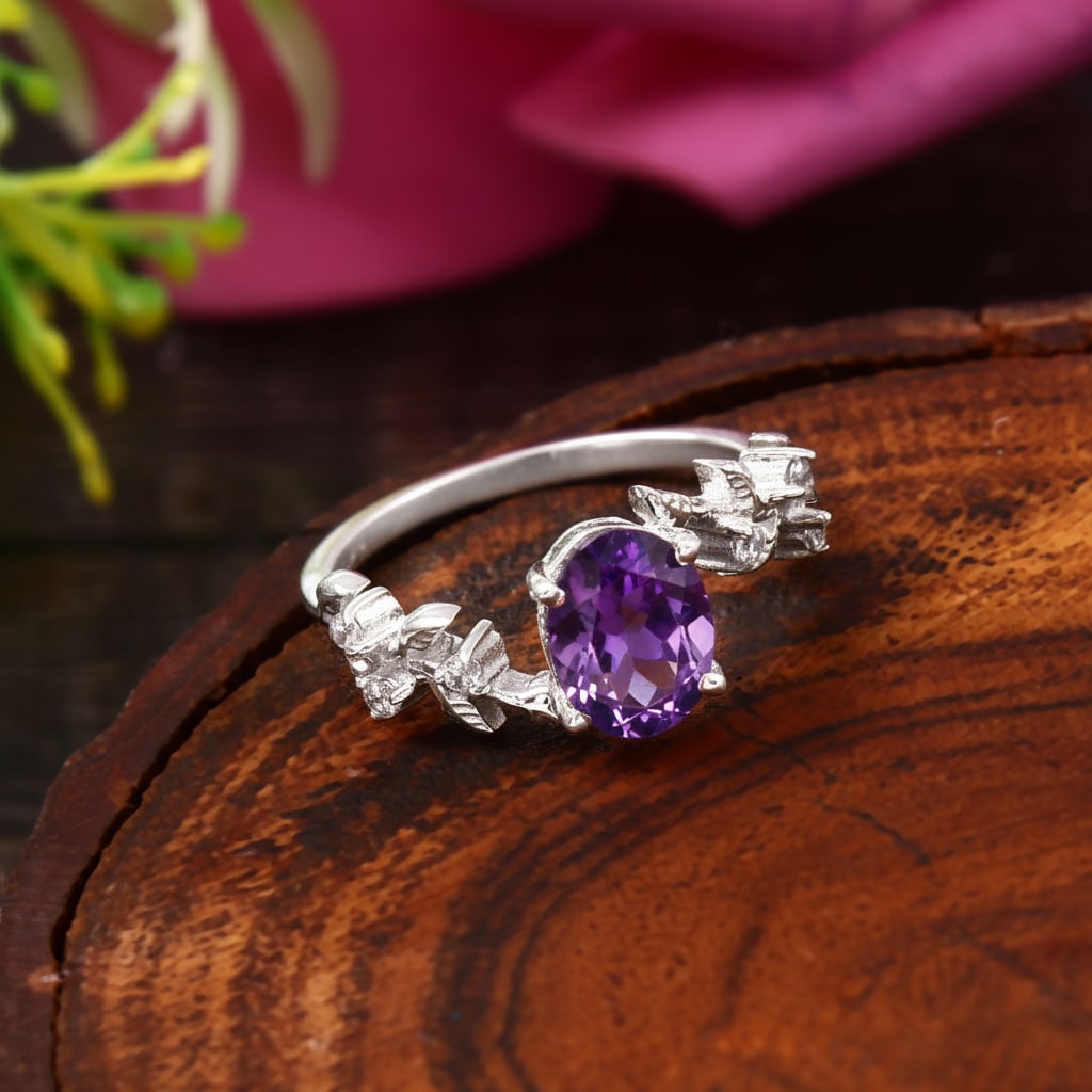 1.2 Carat Amethyst, Cubic Zirconia 925 Sterling Silver Filigree Ring - 5