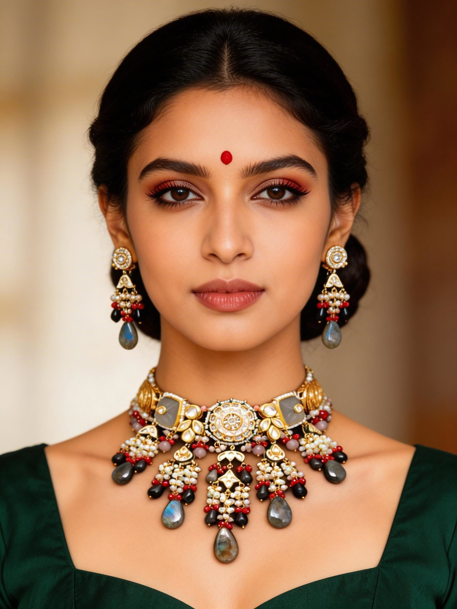 Designer Kundan Choker Necklace Set with Stone Drops and Matching Earrings (1 of 2)
