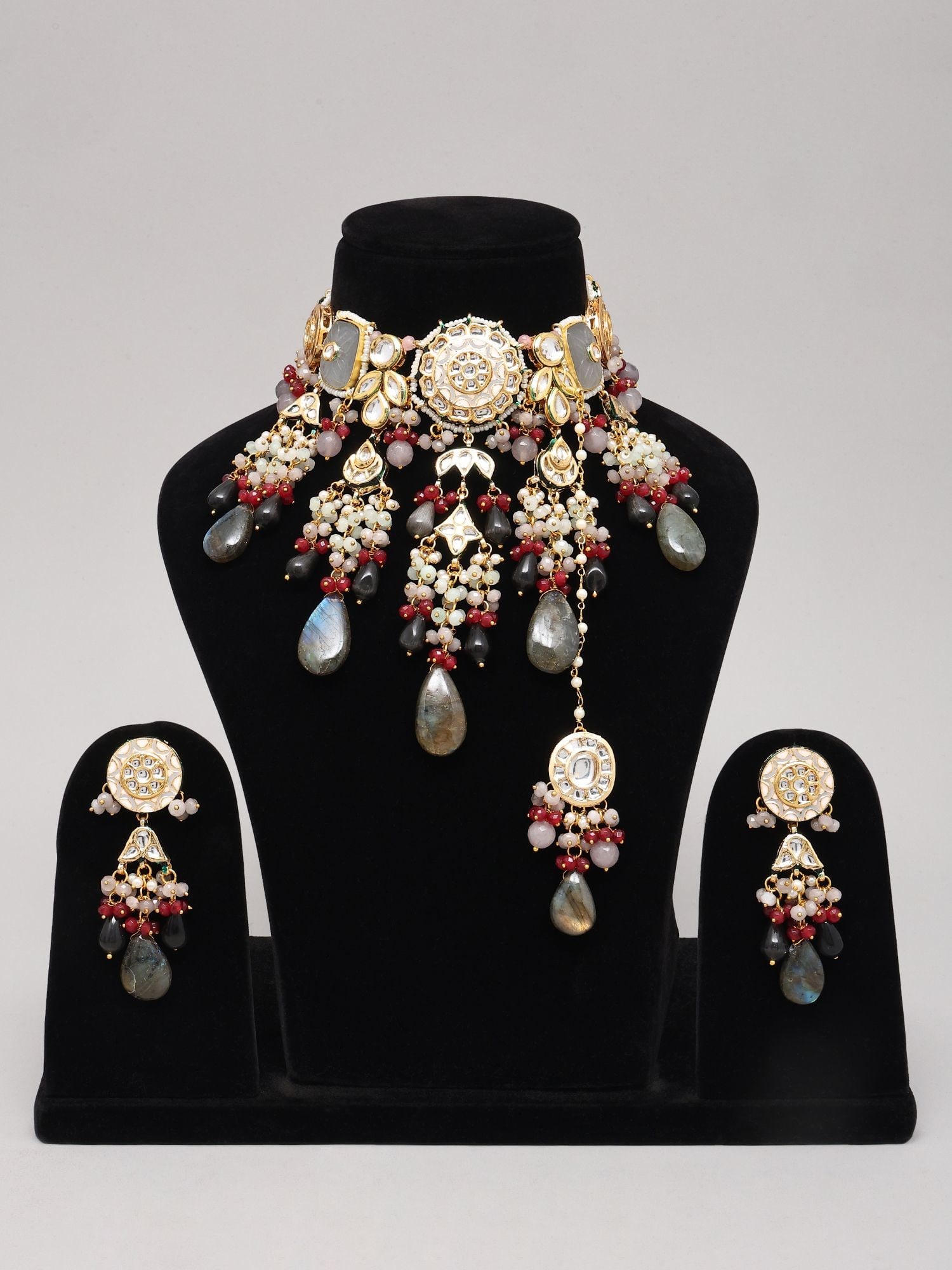 Designer Kundan Choker Necklace Set with Stone Drops and Matching Earrings - 2