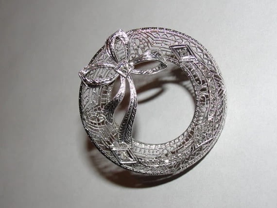 Art Deco 14k White Gold Filigree Circular Brooch Mine Cut Diamond Pin - 2