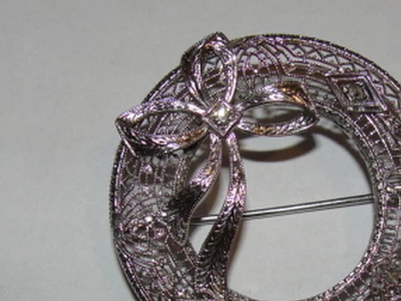 Art Deco 14k White Gold Filigree Circular Brooch Mine Cut Diamond Pin - 3