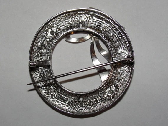 Art Deco 14k White Gold Filigree Circular Brooch Mine Cut Diamond Pin - 4
