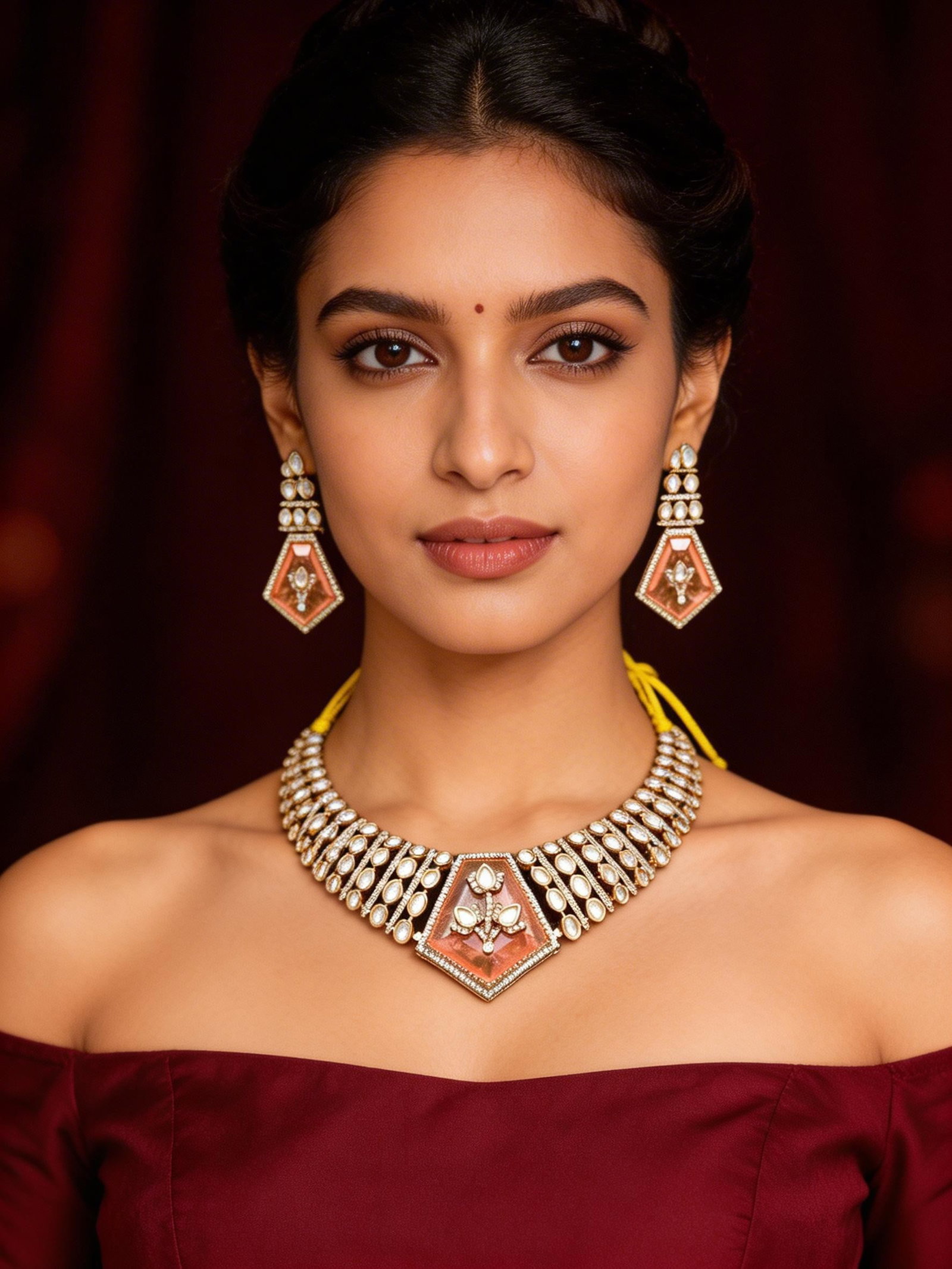 Peach Kundan Stone Studded Choker Necklace Set with Earrings: Title:Peach Kundan Stone Studded Choker Necklace Set with Earrings Reference:itemcode : JA0419 Reserve: $151.00 Shipping: Domestic: Shipping rates are determined by destination International: Foreign