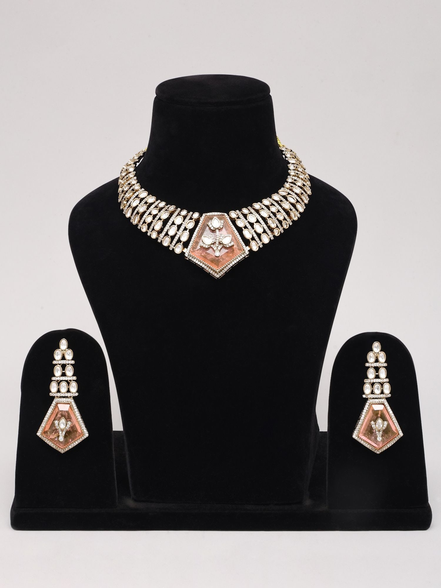 Peach Kundan Stone Studded Choker Necklace Set with Earrings - 2