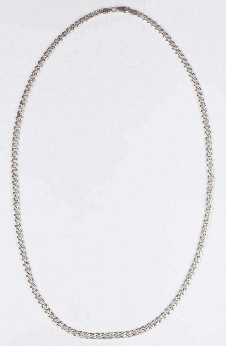 Sterling Silver Men's Hand Made Chain Necklace: Title:Sterling Silver Men's Hand Made Chain Necklace Description:Italian sterling silver men’s chain. Circa 1980’s. Necklace measures 30” long and 1/4” wide. Weighs 61.38 grams.
