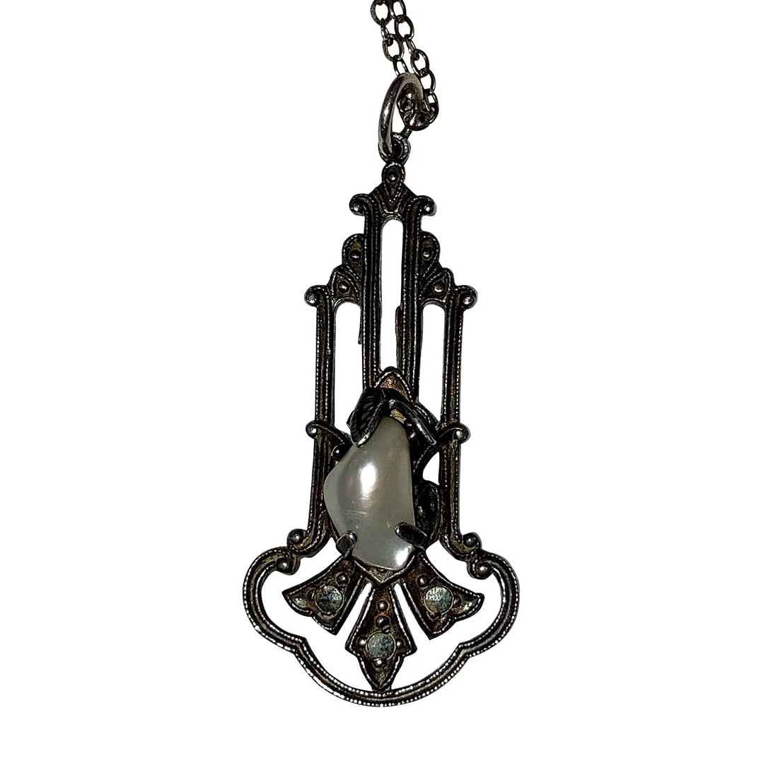 Art Deco Sterling Silver Pave Marcasite Natural Pearl Pendant Necklace - 2