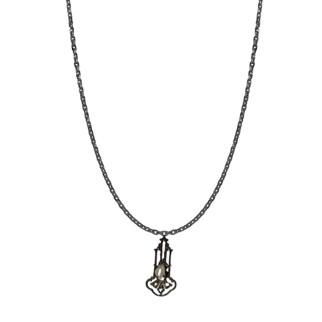 Art Deco Sterling Silver Pave Marcasite Natural Pearl Pendant Necklace - 3