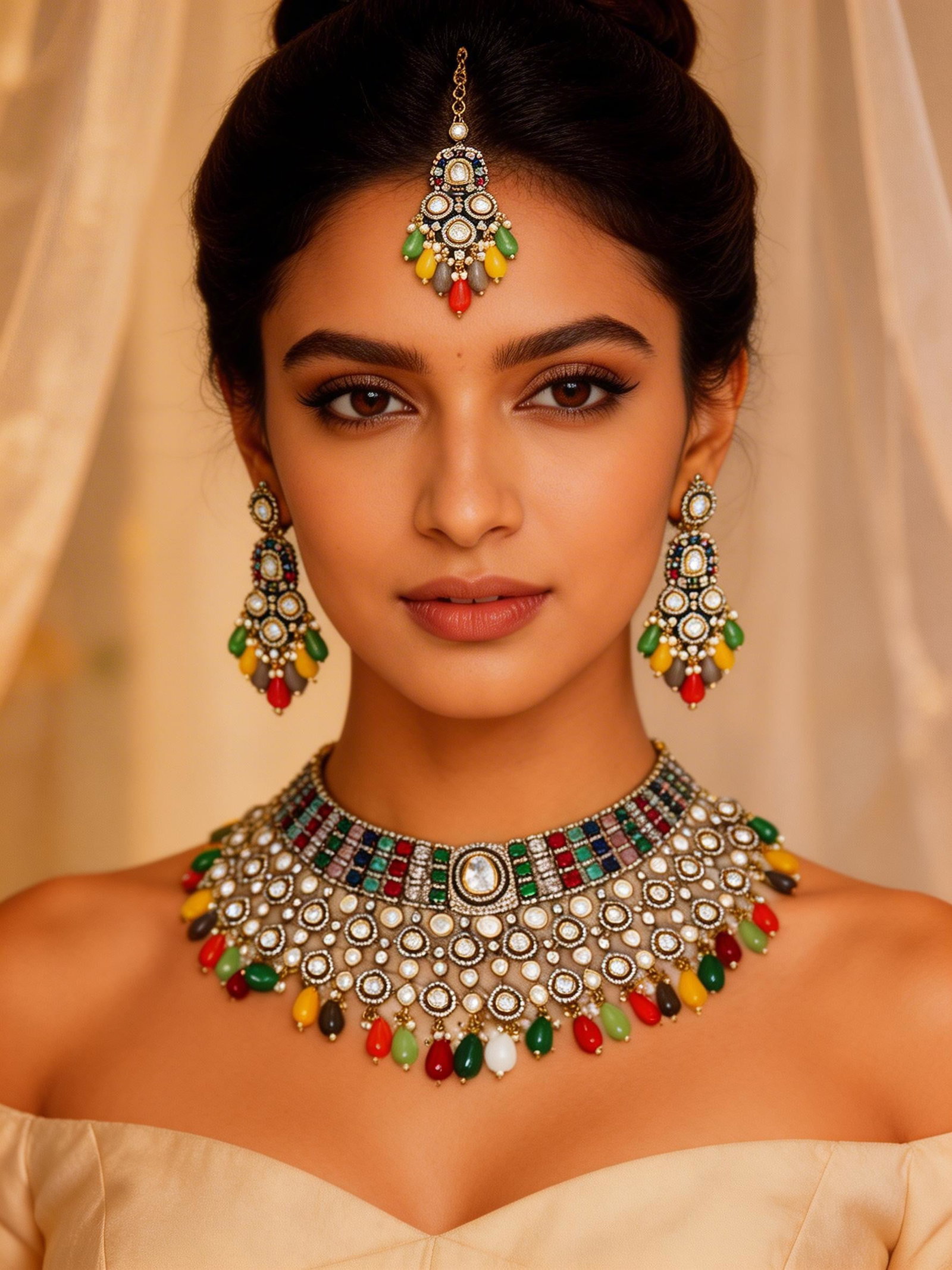 Multicolor Polki Bridal Choker Necklace Set with Maang Tikka and Bead Drops: Title:Multicolor Polki Bridal Choker Necklace Set with Maang Tikka and Bead Drops Reference:itemcode : JA0438 Reserve: $200.00 Shipping: Domestic: Shipping rates are determined by destination