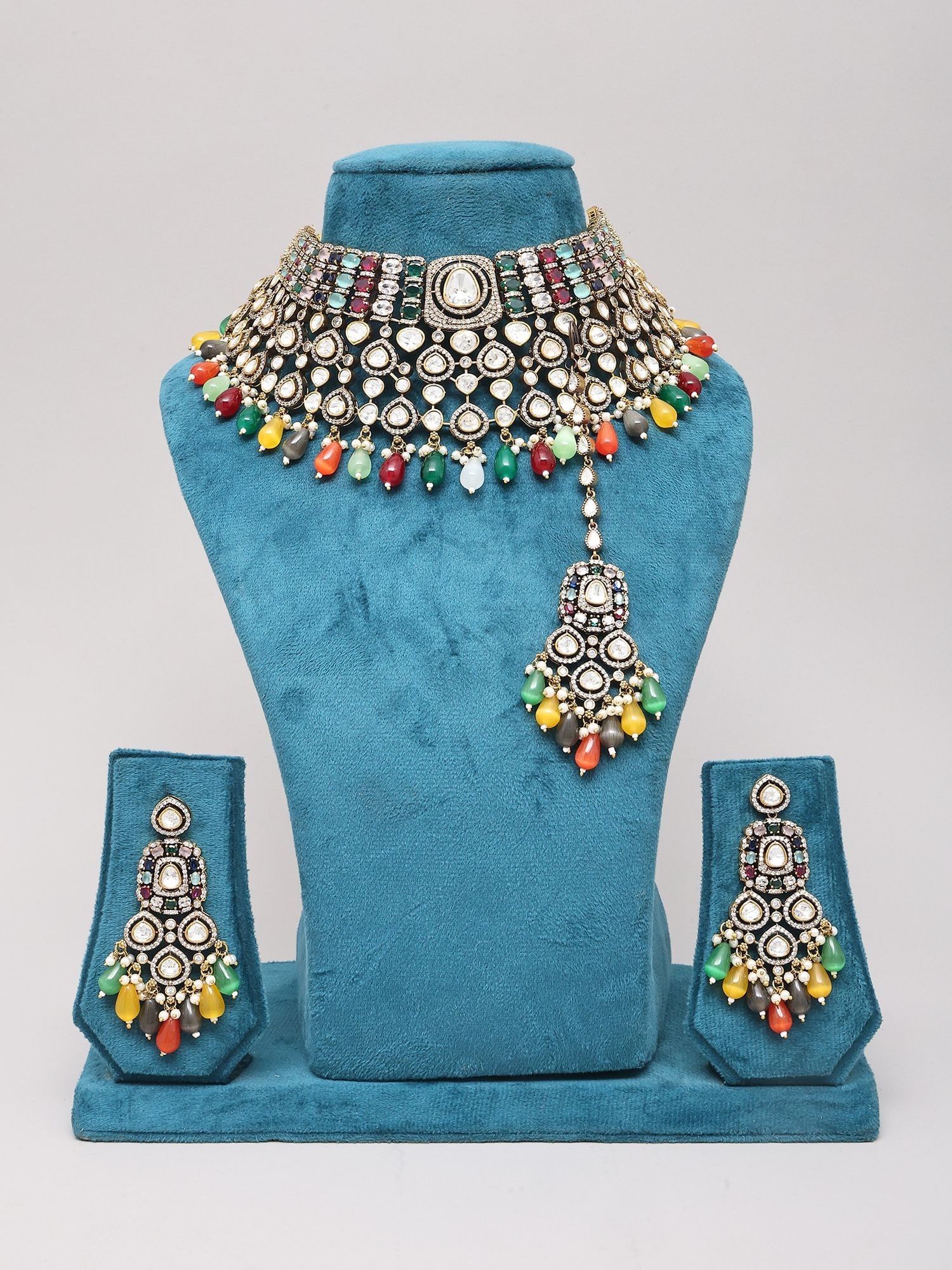 Multicolor Polki Bridal Choker Necklace Set with Maang Tikka and Bead Drops - 2