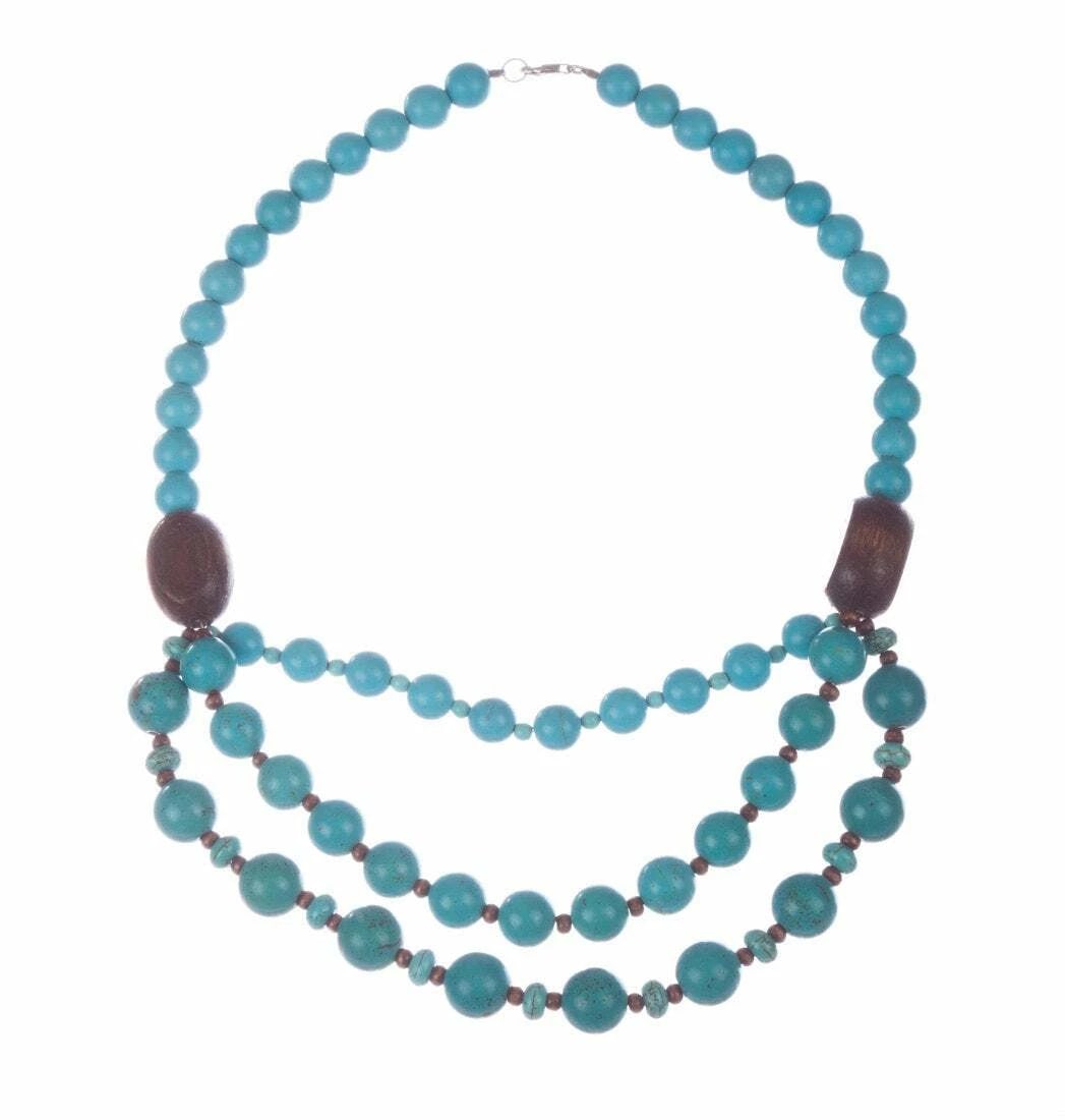 Hand Made Turquoise and Wood Bead Necklace - 2