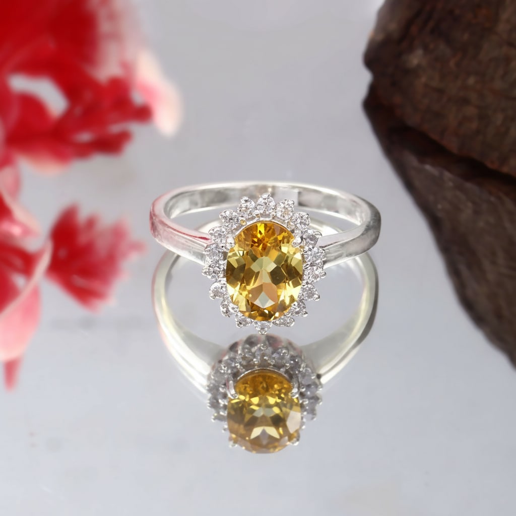 1.5 Carat Citrine, Cubic Zirconia 925 Sterling Silver Halo Ring - 3