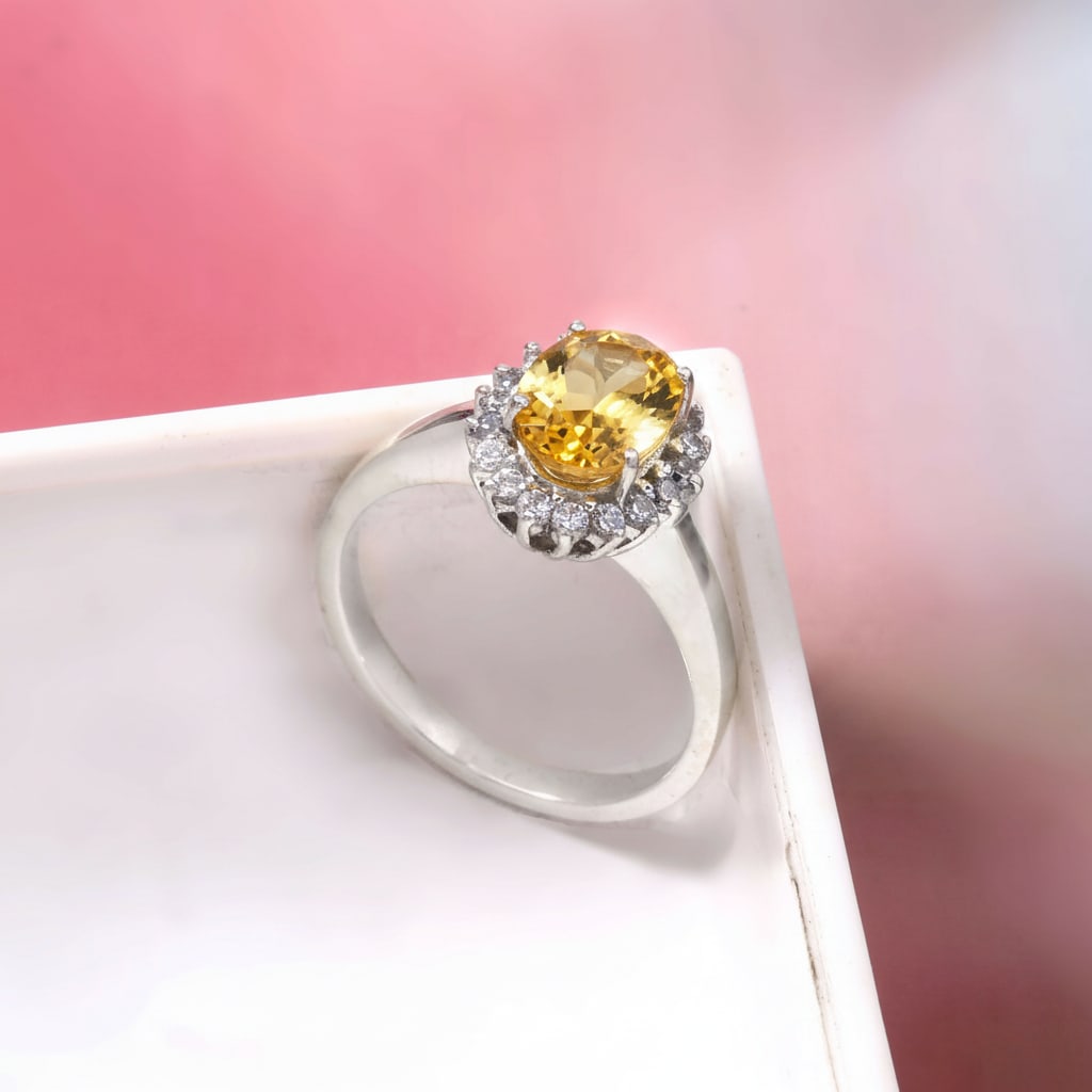 1.5 Carat Citrine, Cubic Zirconia 925 Sterling Silver Halo Ring - 4