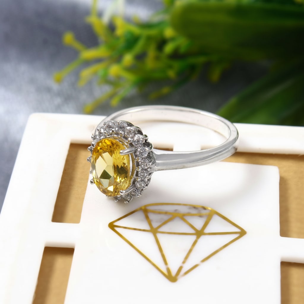 1.5 Carat Citrine, Cubic Zirconia 925 Sterling Silver Halo Ring - 5