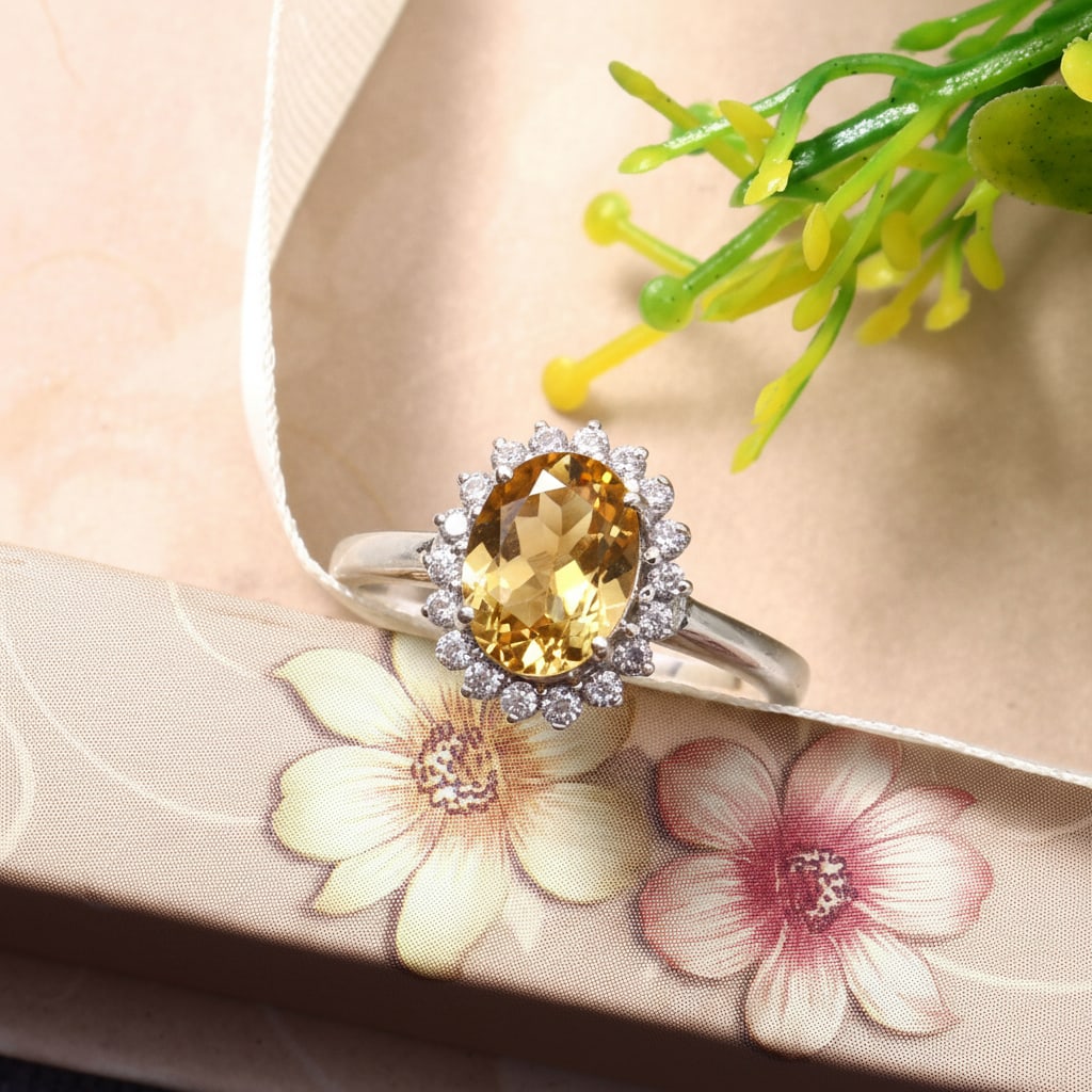 1.5 Carat Citrine, Cubic Zirconia 925 Sterling Silver Halo Ring - 6