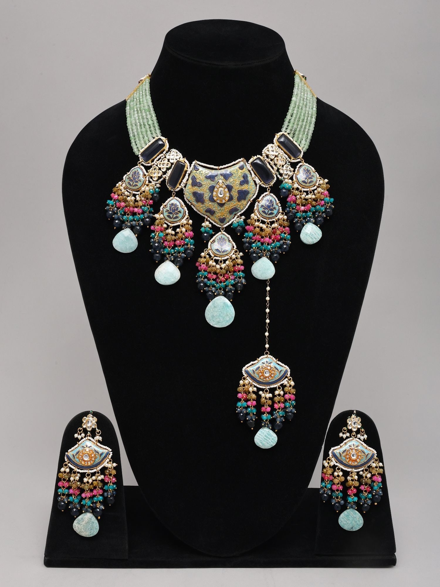 Meenakari Kundan Bridal Necklace Set with Multicolor Bead Drops and Earrings - 2