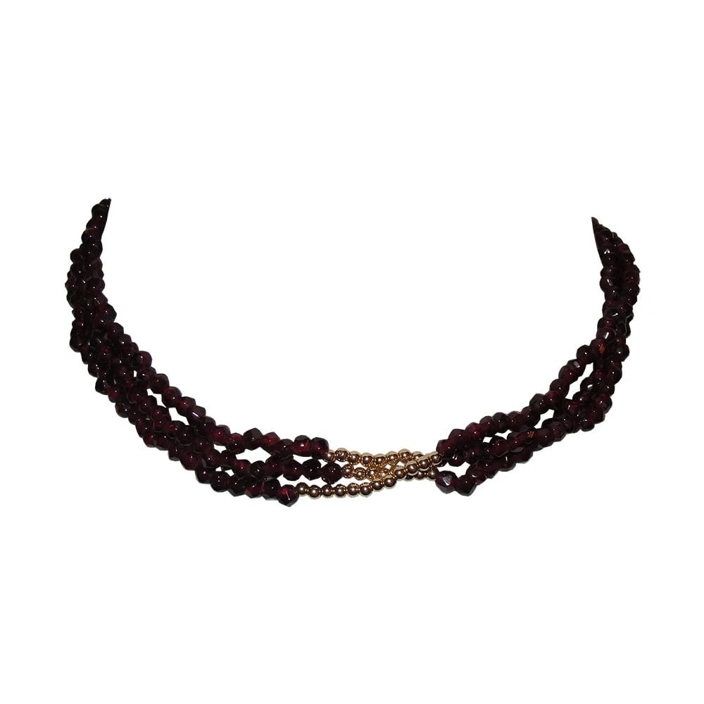 Triple Stand Gold Filled Bohemian Rose Cut Garnet Bead Necklace - 3