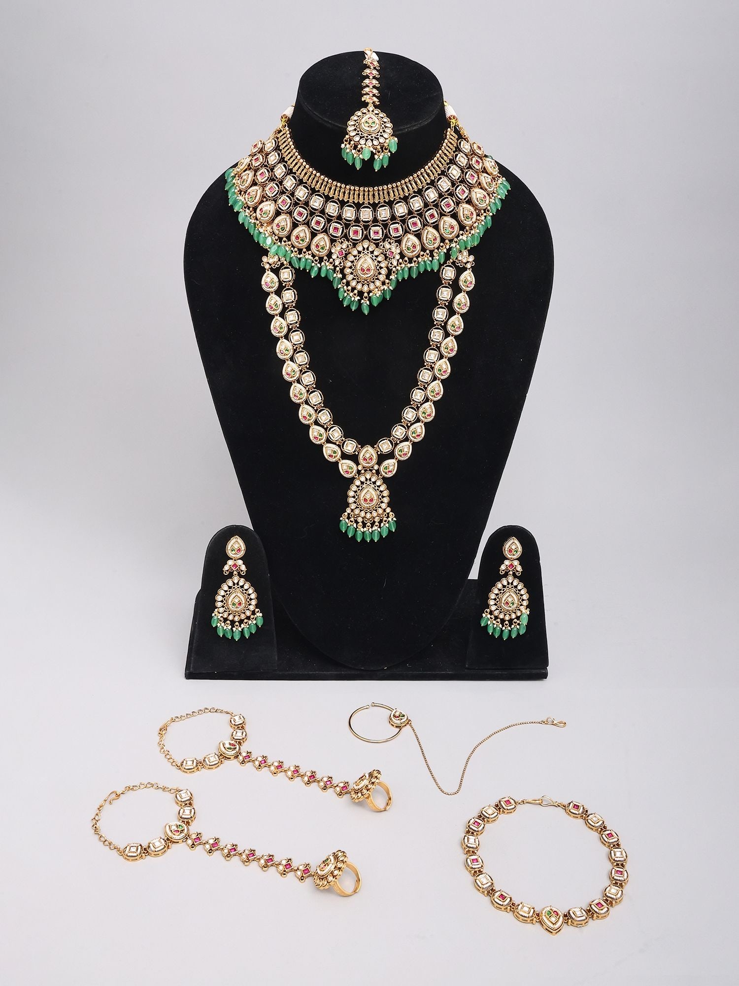 Teardrop Design Green Bead Drop Bridal Jewellery Set with Haathphool, Sheeshpatti, Nath and Maang - 2