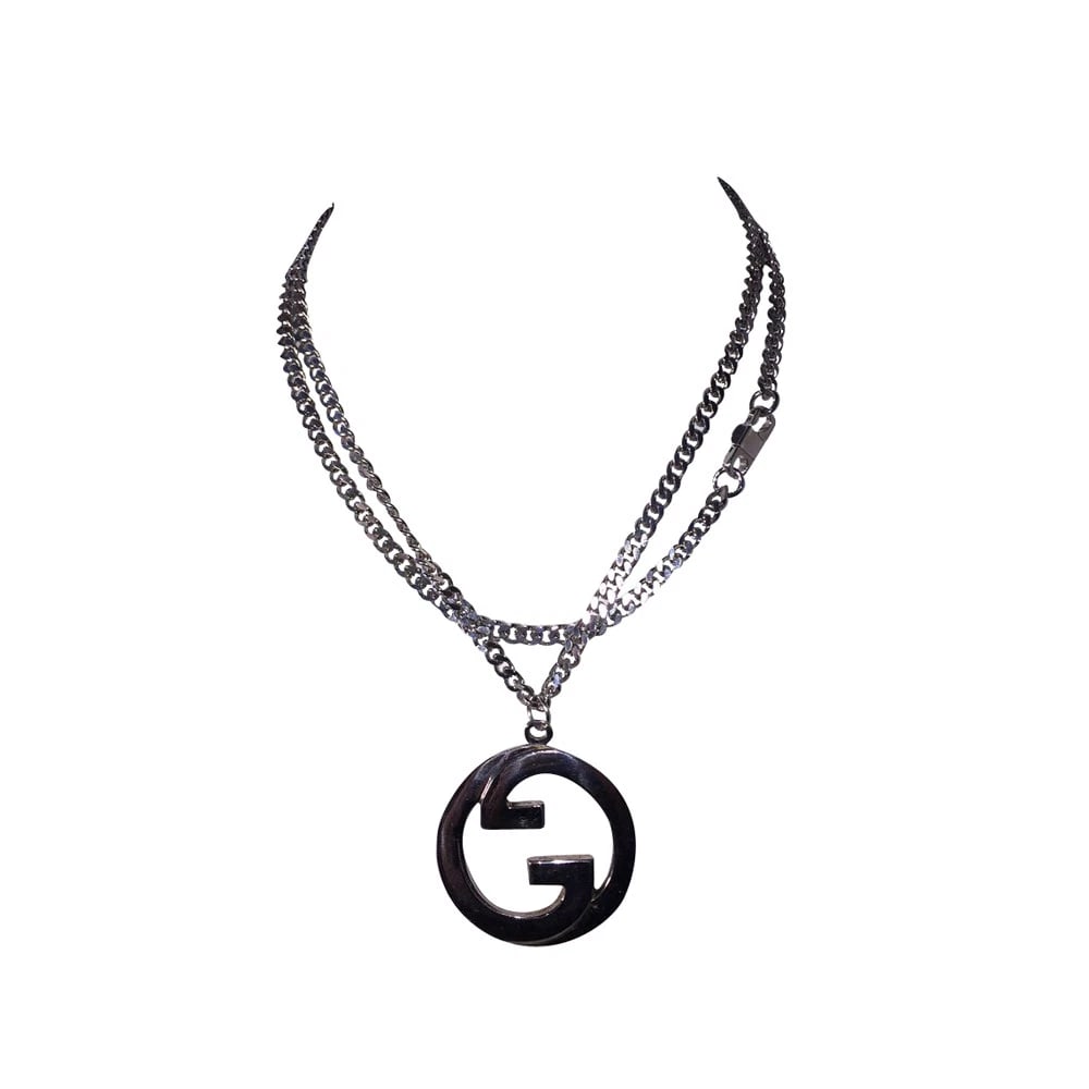 Large Silver Plated Gucci GG Monogrammed Pendant Chain Necklace - 3