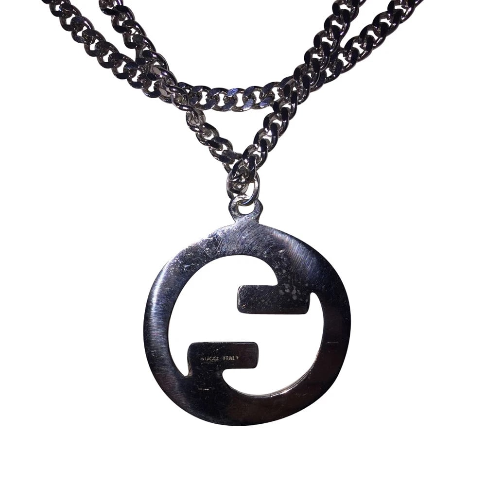 Large Silver Plated Gucci GG Monogrammed Pendant Chain Necklace - 4