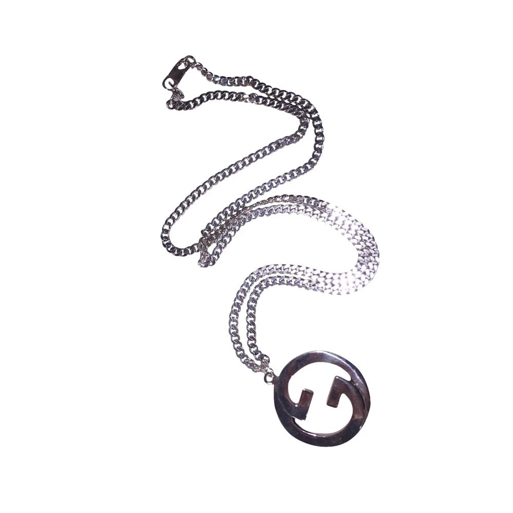 Large Silver Plated Gucci GG Monogrammed Pendant Chain Necklace - 5